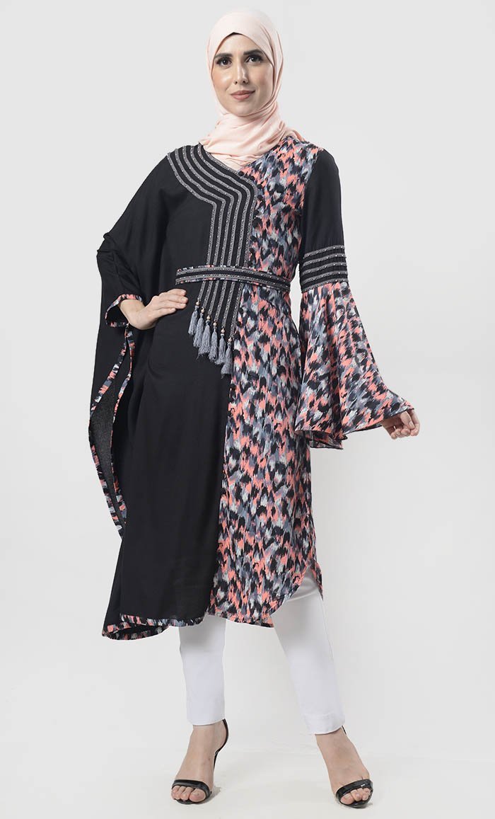 Superior Black Semi-Kaftan Bell Sleeves Printed Tunic With Belt