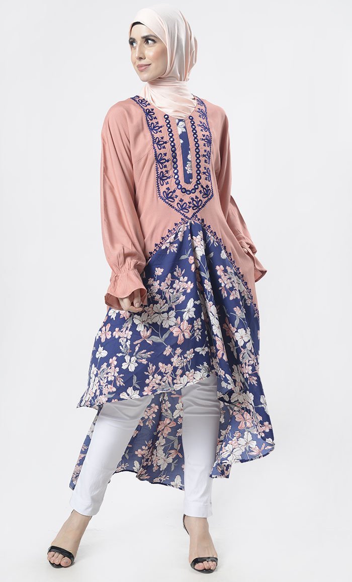 Stunning Sand Floral Bottom Detailing Long Tunic With Pockets