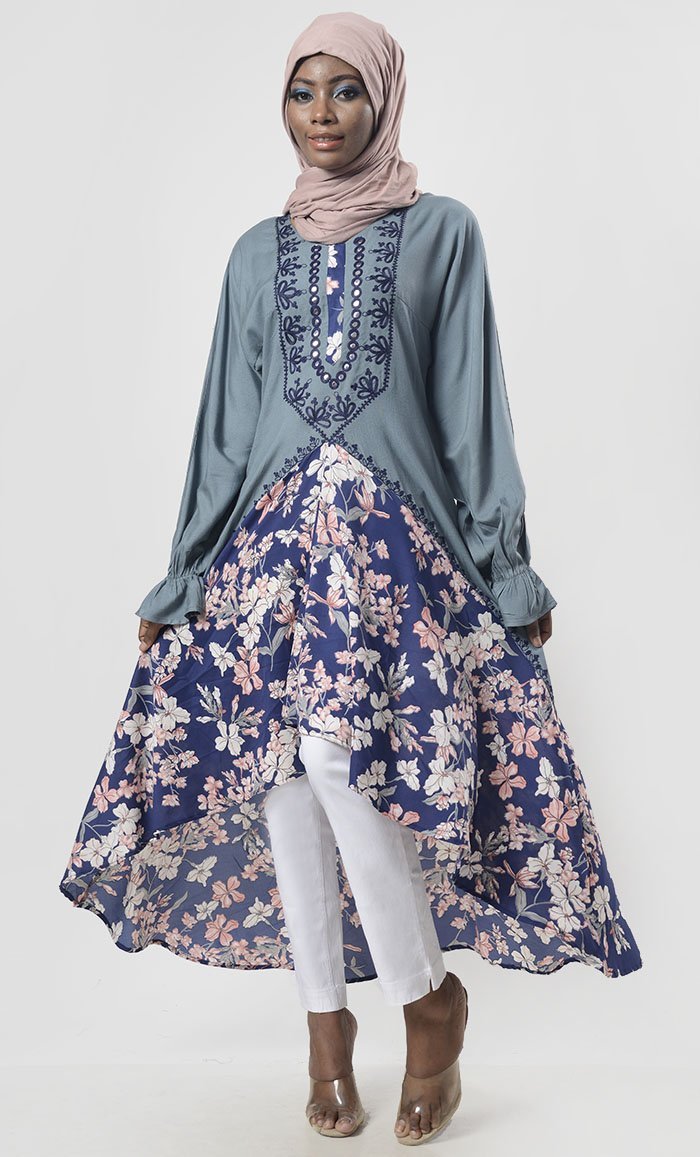 Stunning Grey Floral Bottom Detailing Long Tunic With Pockets