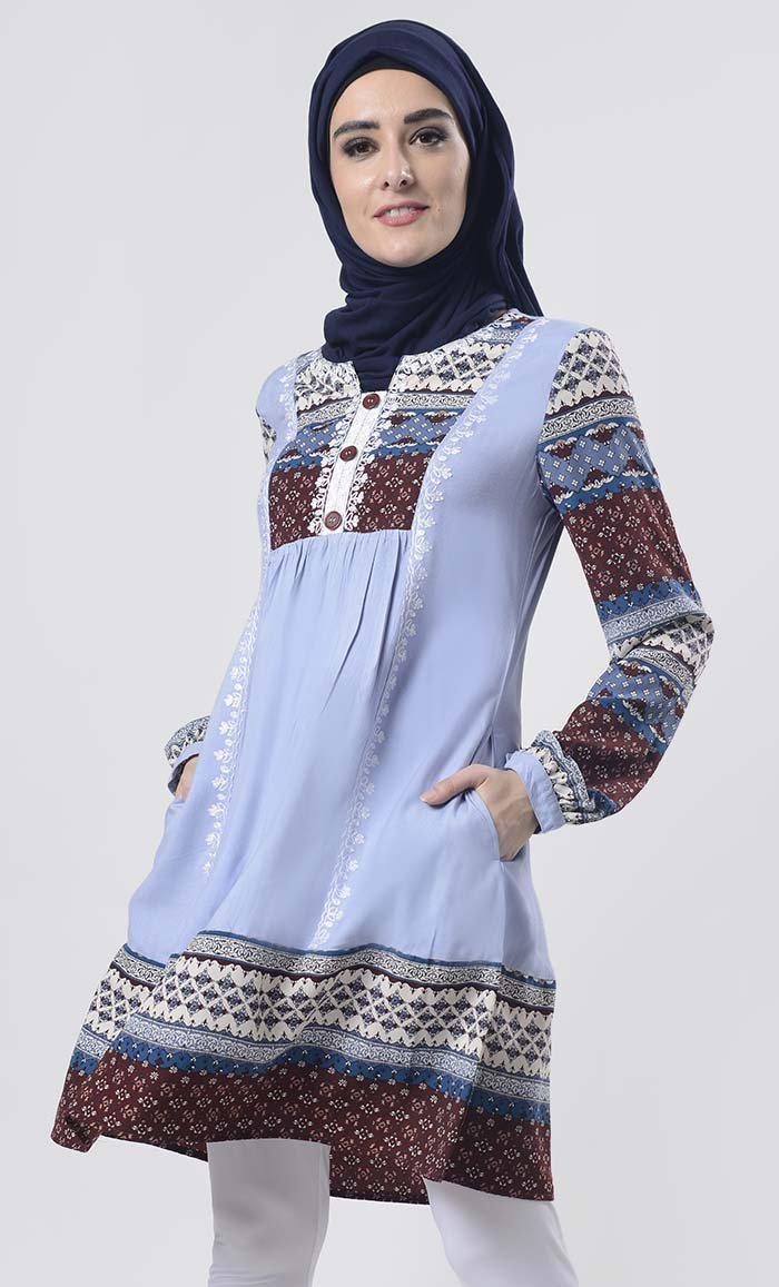 Alluring Abstract And Floral Printed Tunic With Pockets