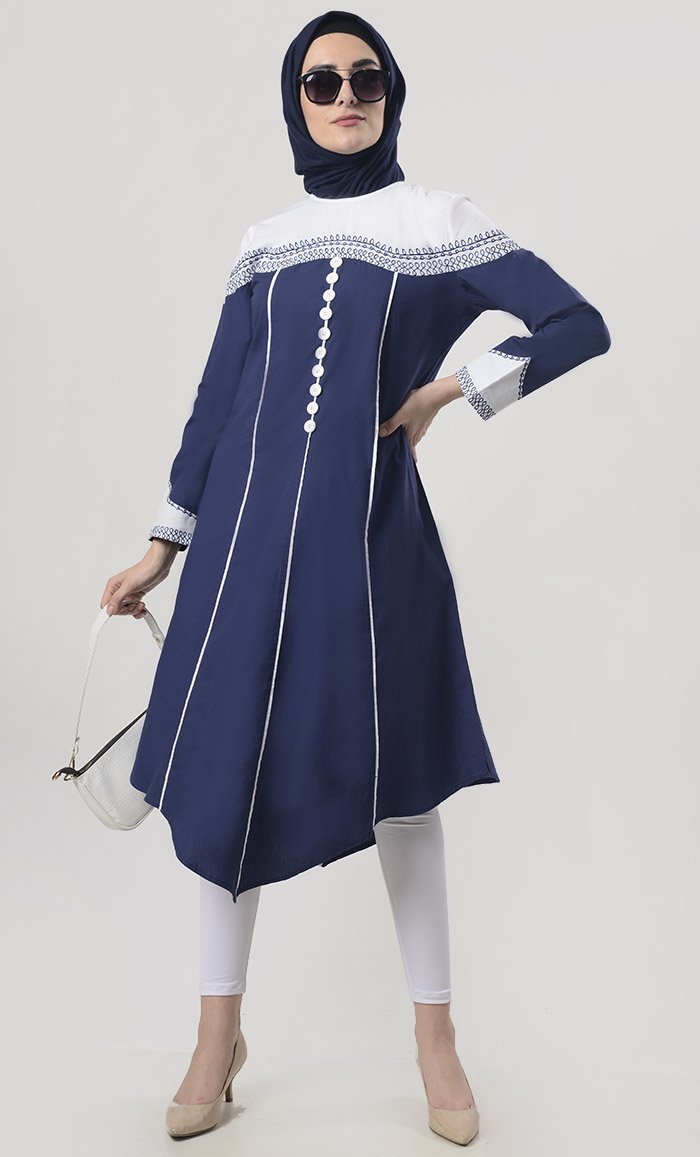 Superb White Piping Detailing With Aari Work Tunic