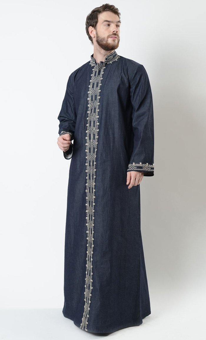 Mens Denim Embroidered Thobe