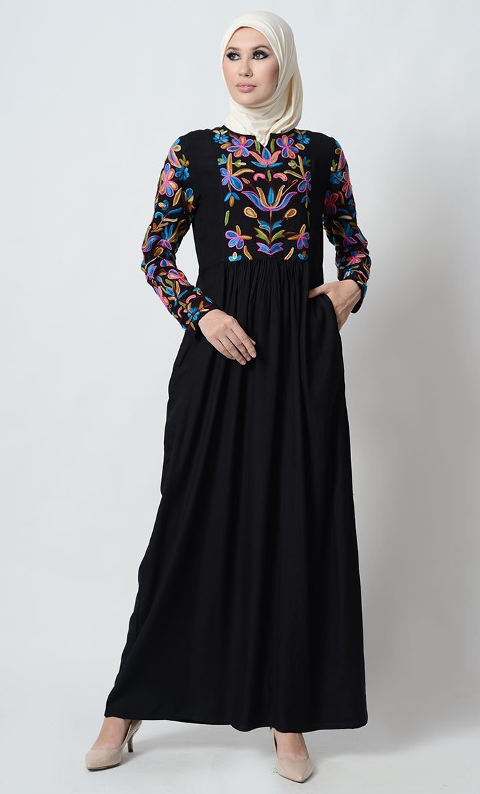 Floral Embroidered Flared Abaya Dress