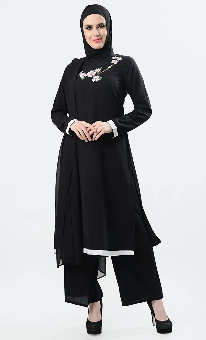 Embroidred Floral 3Pc Suit Set - Black