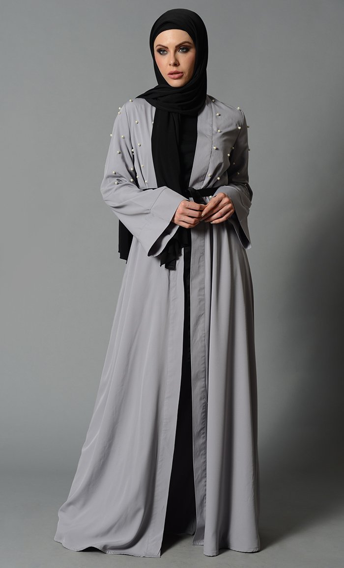 Light Grey Fancy Pearl Detail Bisht with Fabric Tie