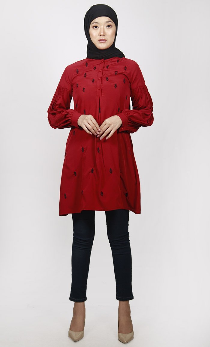 Subtle Red Motif Embroidered Tunic  With Both Side Pockets