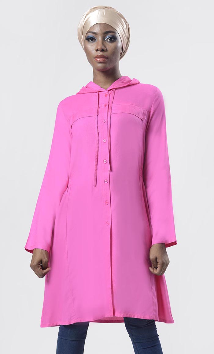 Solid Pink Everyday Wear Hoodie Style Tunic