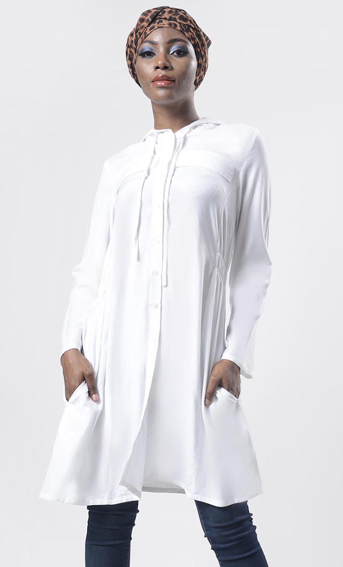 White Everyday Wear Hoodie Style Tunic