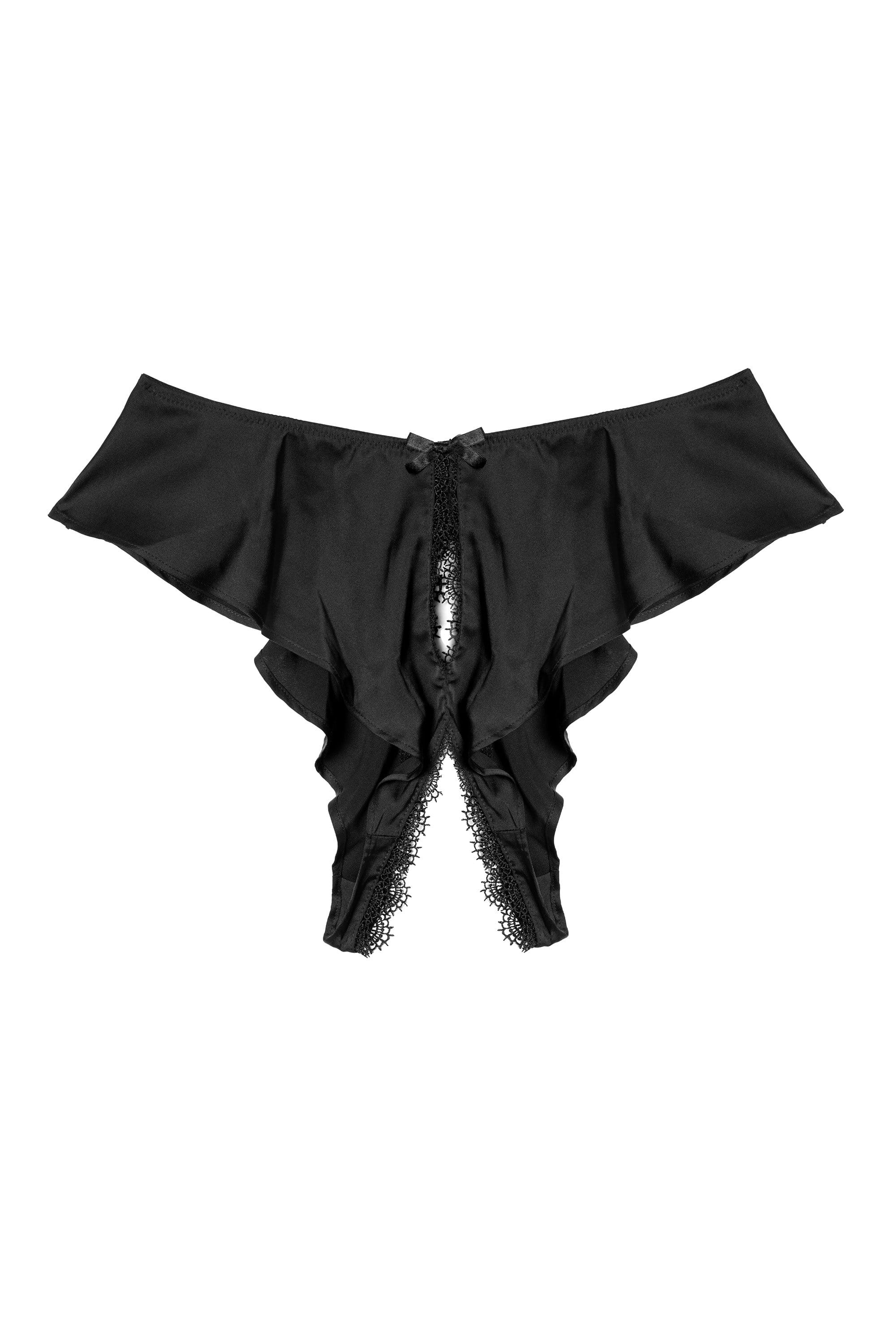 Black Satin And Lace Trim Ouvert Brief