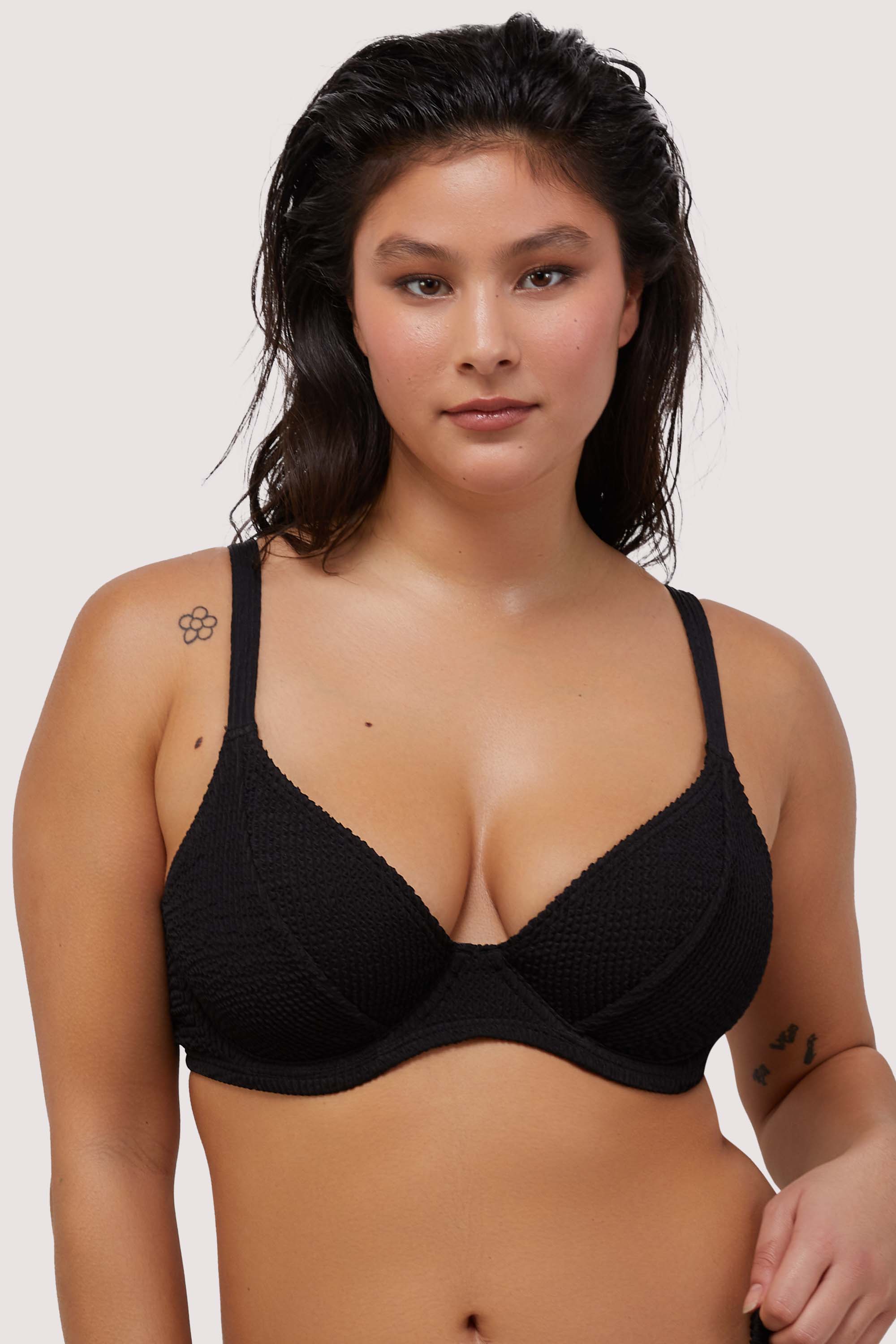 Black Textured Wired Plunge Bikini Top