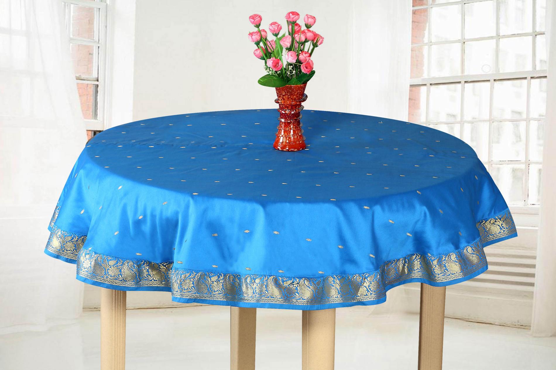 Blue Gold - Handmade Sari Tablecloth (India) - Round