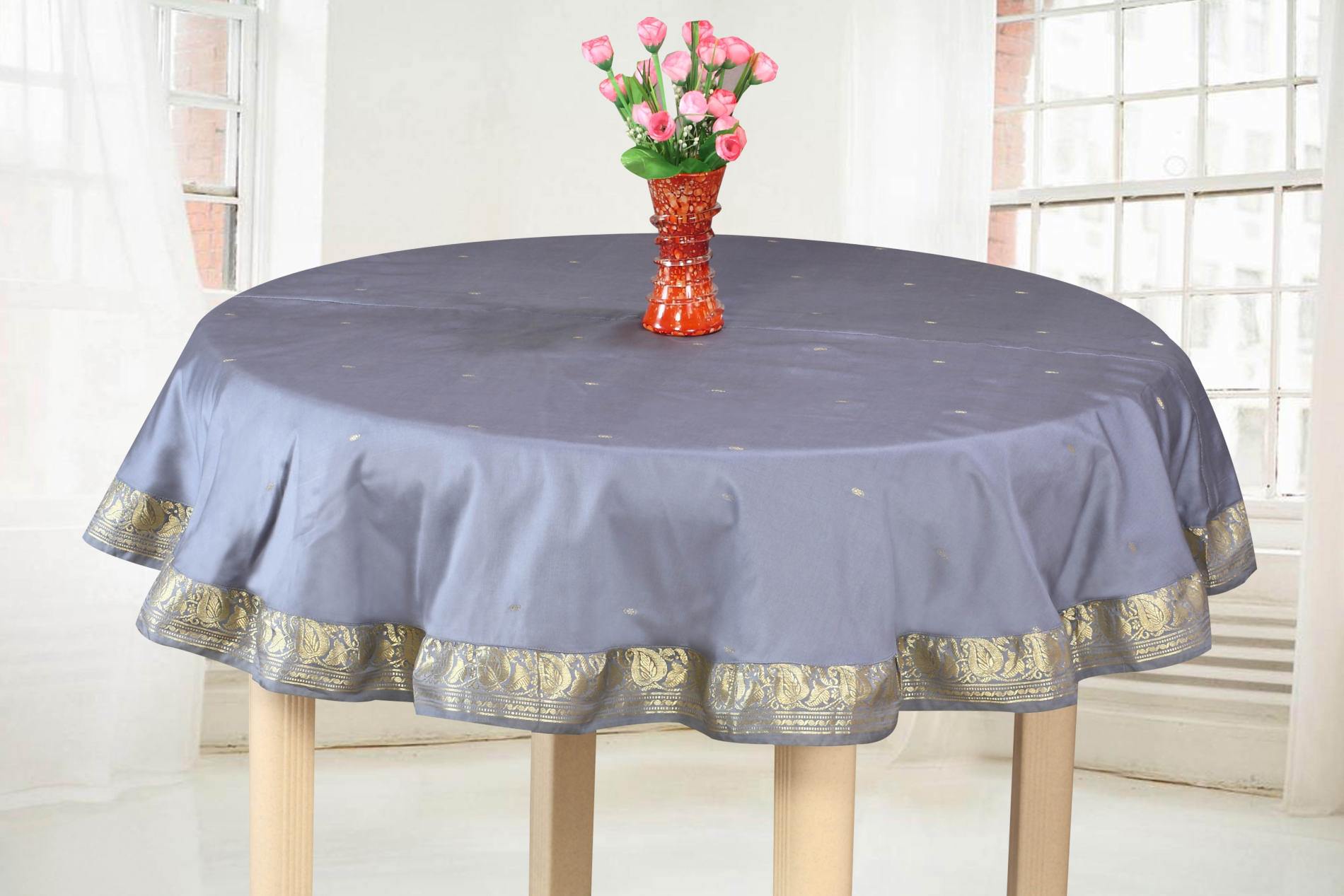 Dark Gray - Handmade Sari Tablecloth (India) - 60" Round