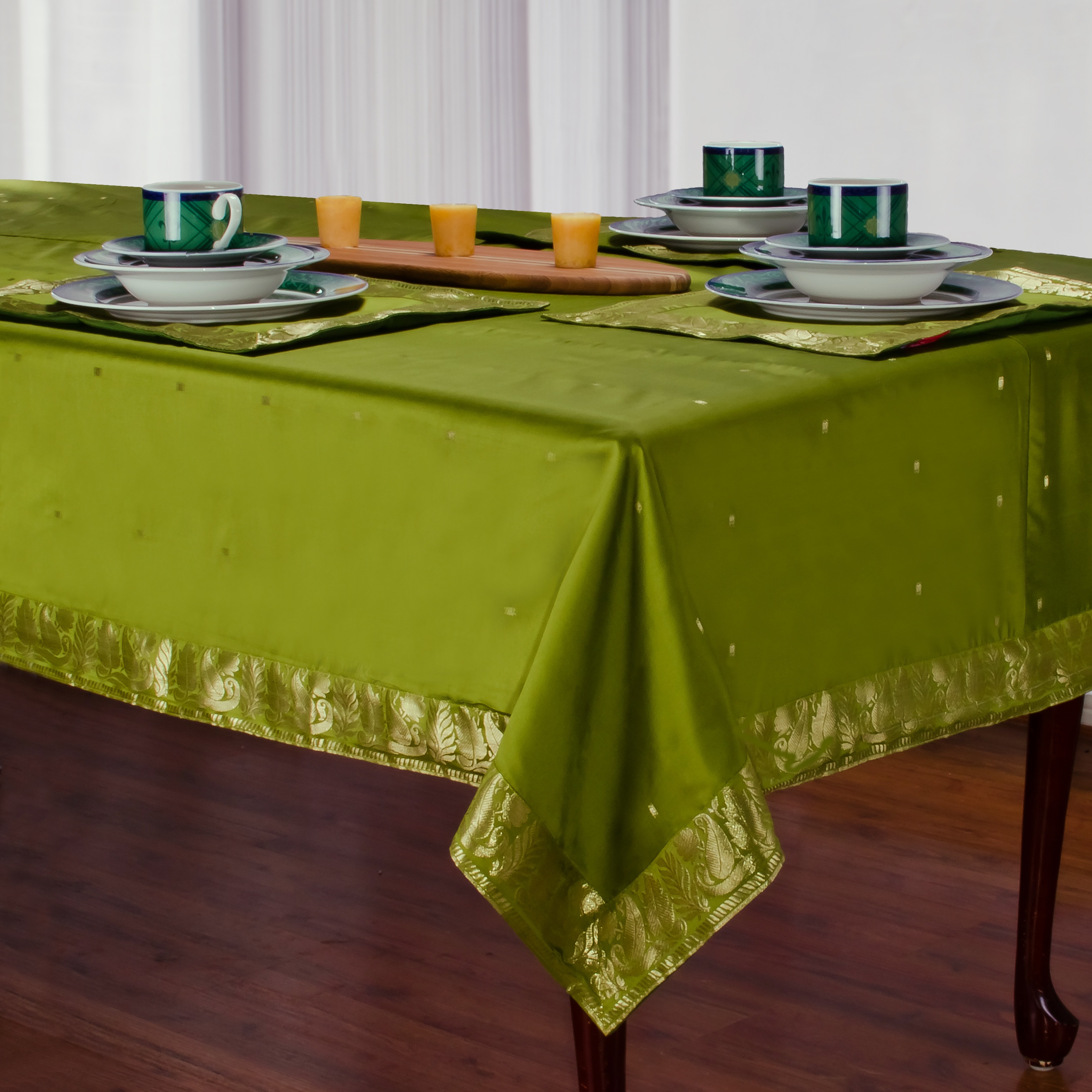 Olive Green - Handmade Sari Oblong Tablecloth (India) - 60 x 120"