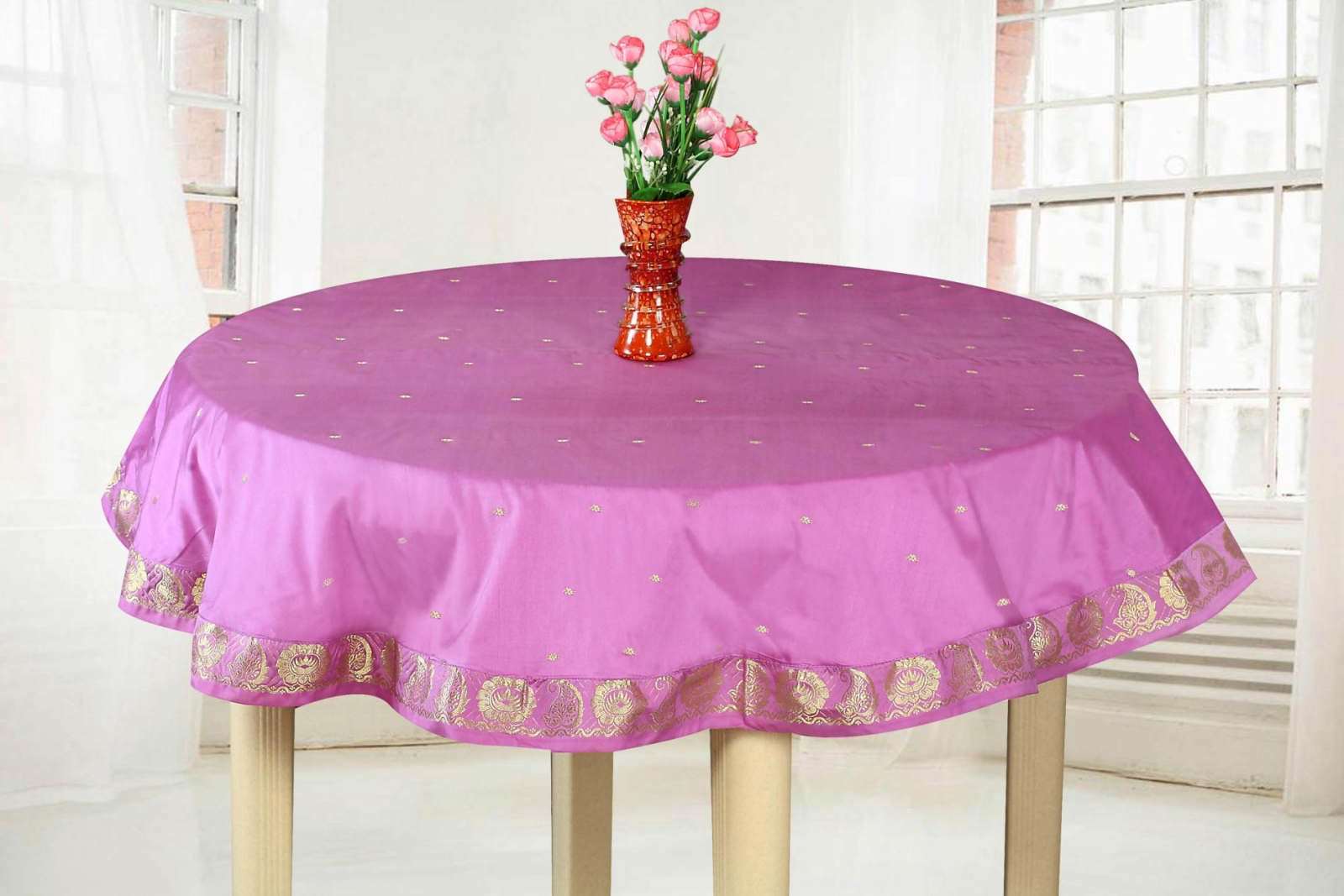 Lavender  - Handmade Sari Oblong Tablecloth (India) - 80" Round