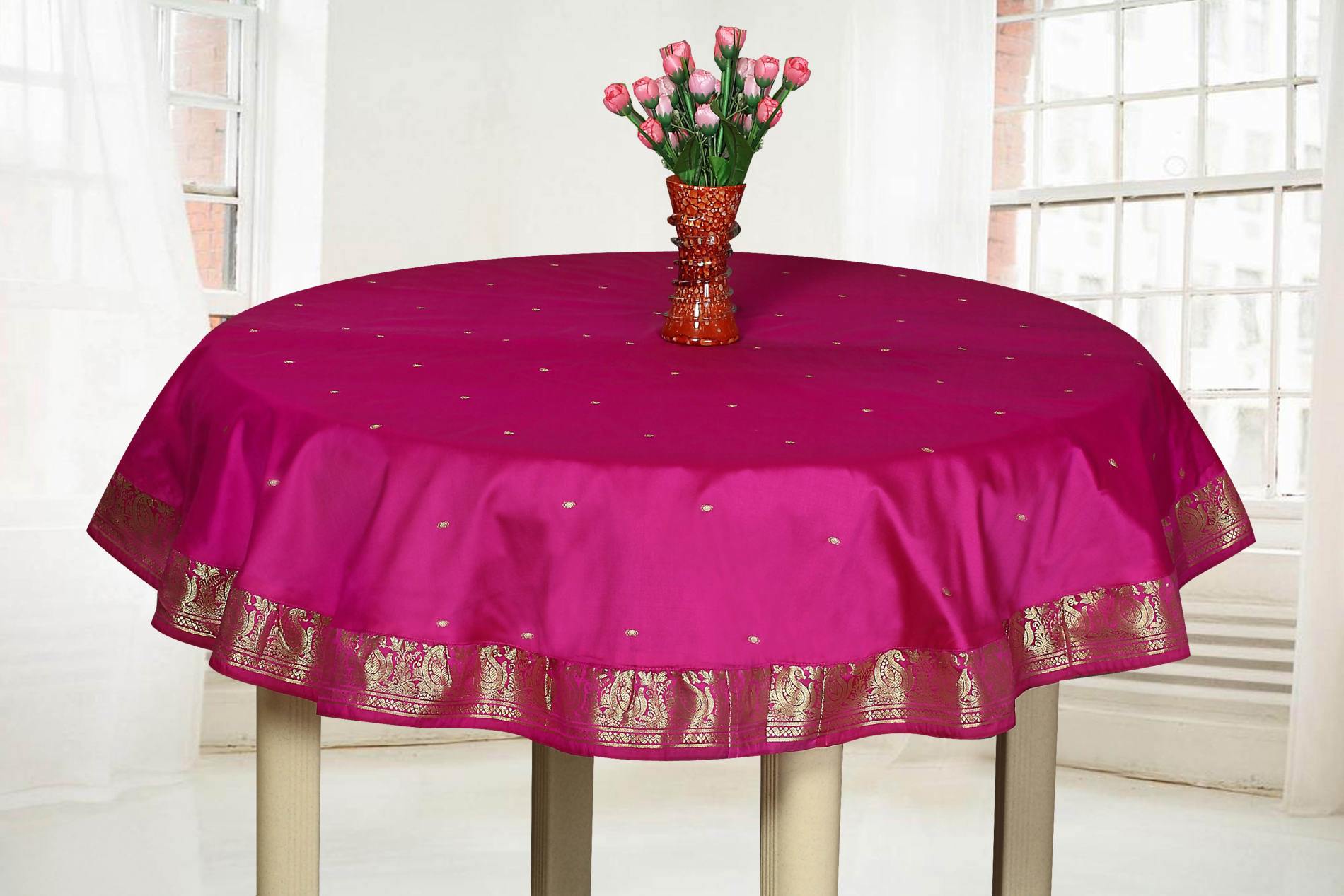 Violet Red - Handmade Sari Oblong Tablecloth (India) - 80" Round