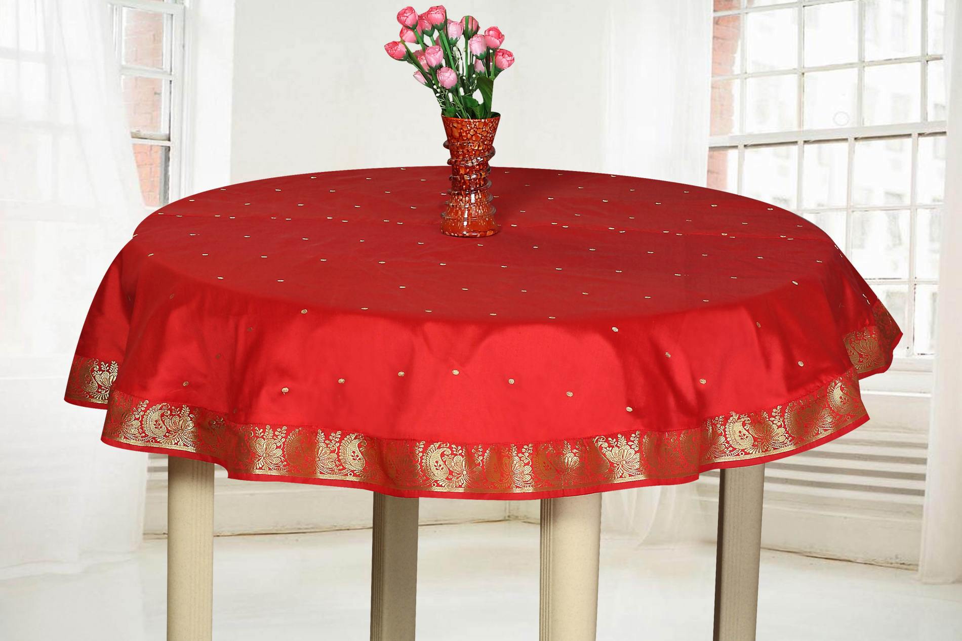 Fire Brick  - Handmade Sari Square Tablecloth (India) - 60" Round