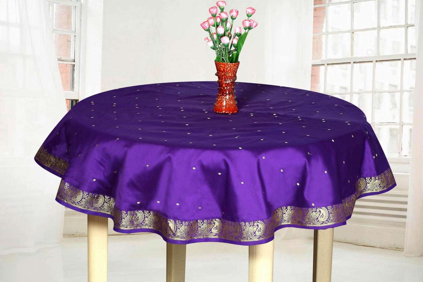 Purple - Handmade Sari Oblong Tablecloth (India) -70" Round