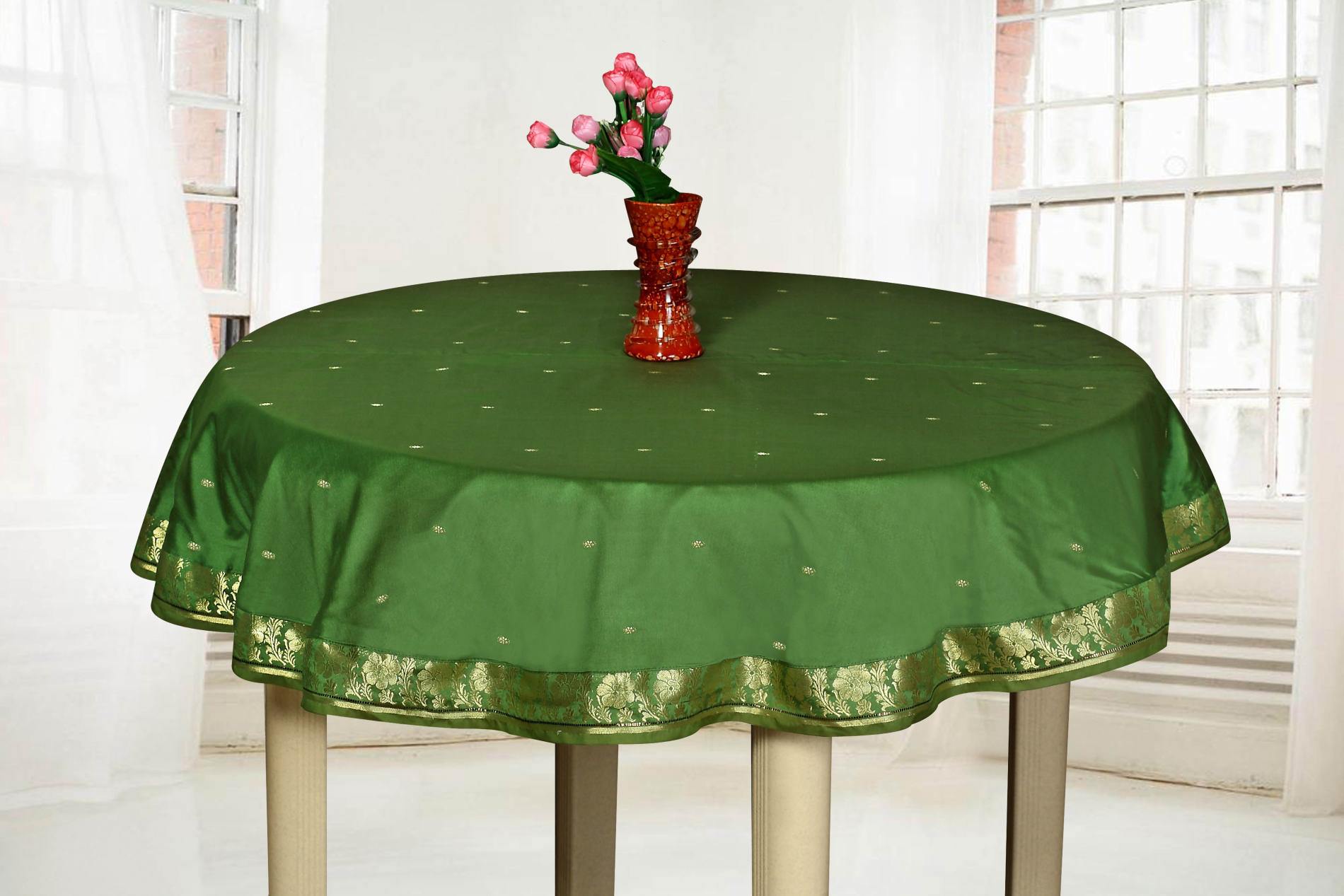 Forest Green  - Handmade Sari Oblong Tablecloth (India) -70" Round