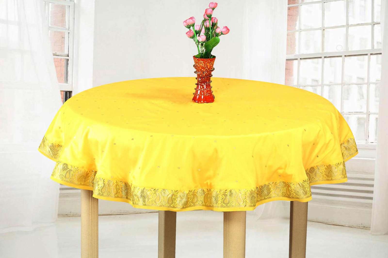 Yellow - Handmade Sari Oblong Tablecloth (India) -70" Round