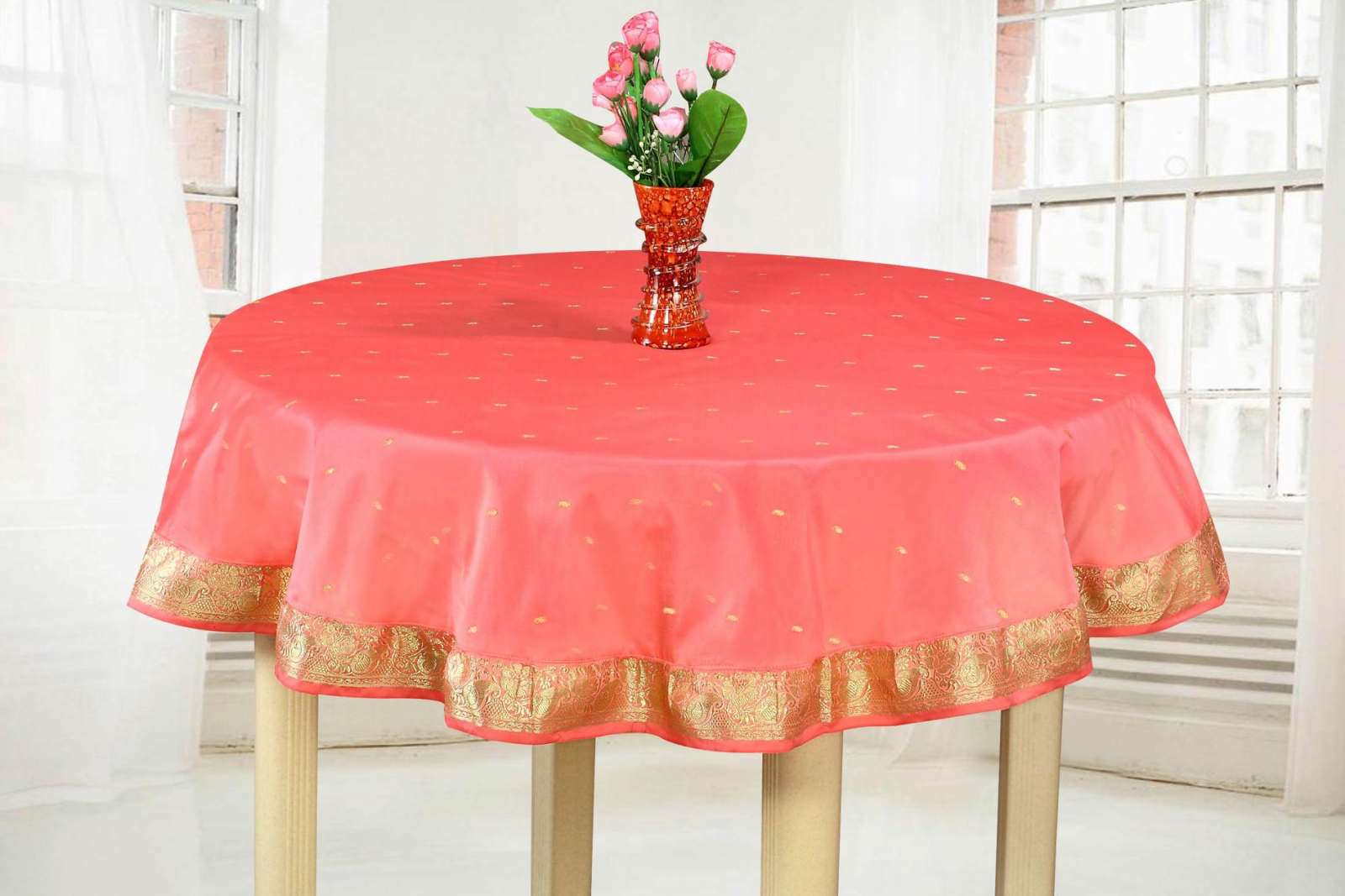 Pink - Handmade Sari Oblong Tablecloth (India) - 80" Round