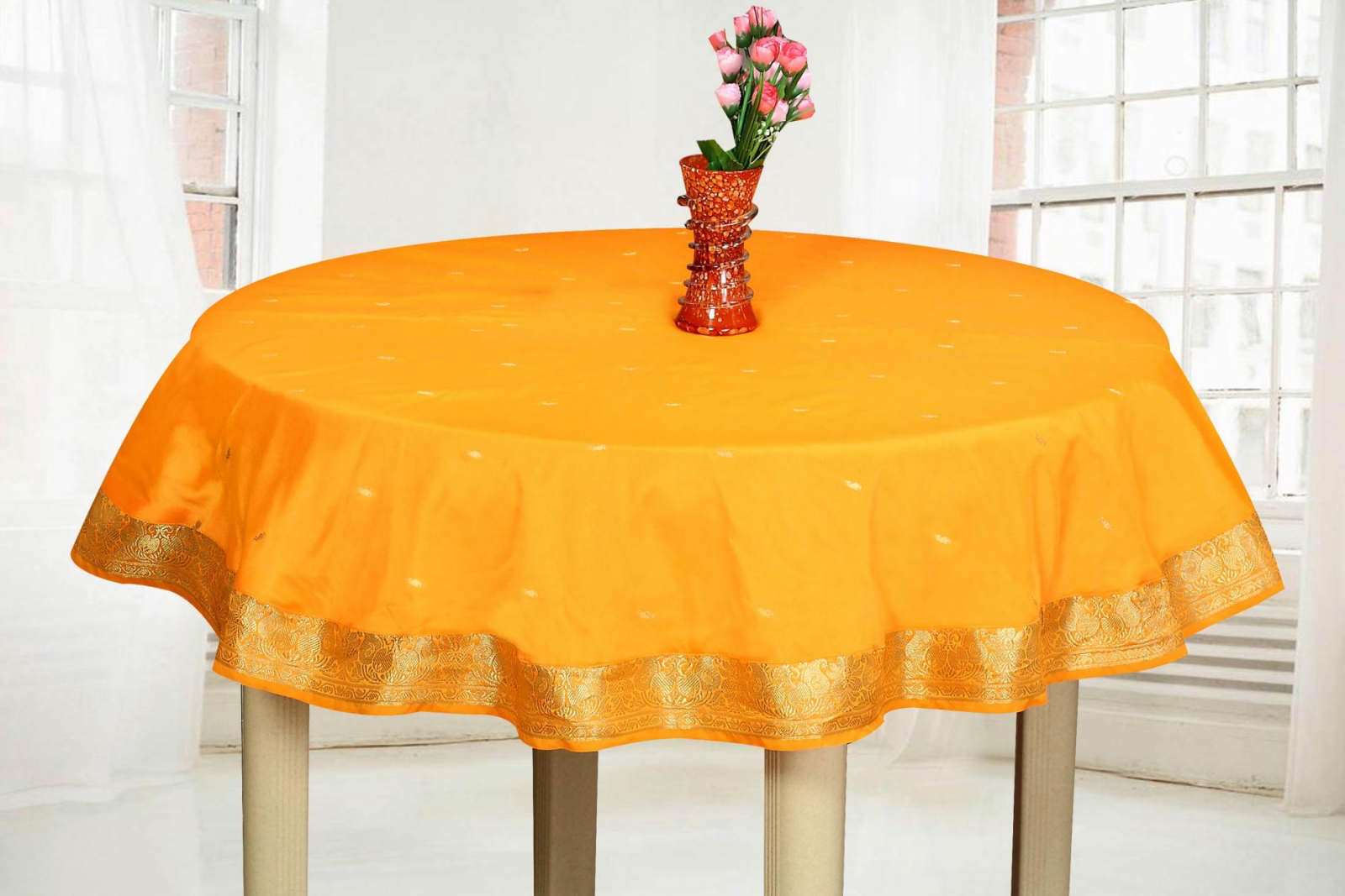 Orange - Handmade Sari Square Tablecloth (India) - 60" Round