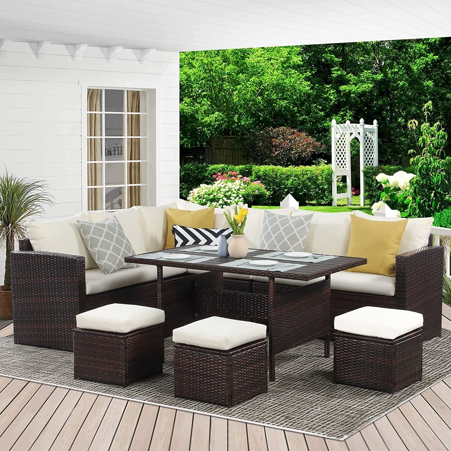 7-Pieces PE Rattan Wicker Patio Dining Sectional Cushions Sofa Set with Ivory cushions