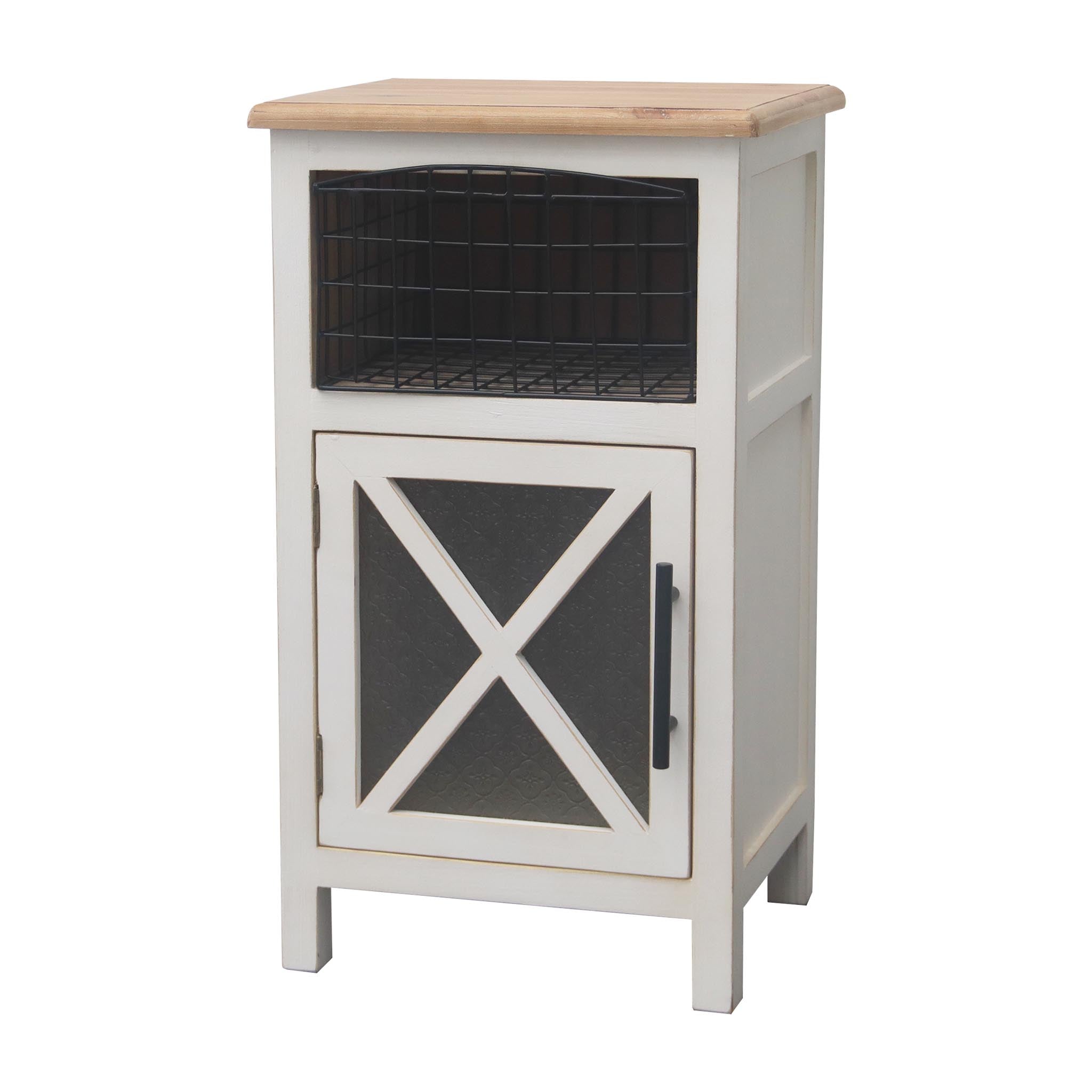 Farmhouse Wooden Side Table with X-Designed Glass Door and Storage Basket