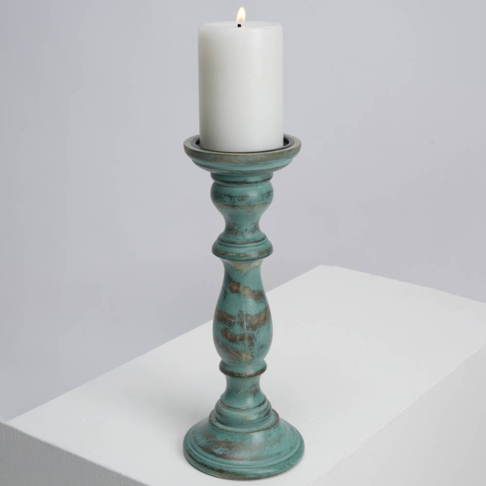 Candle Holder / Natural With Green Antique - Mango Wood & Resin