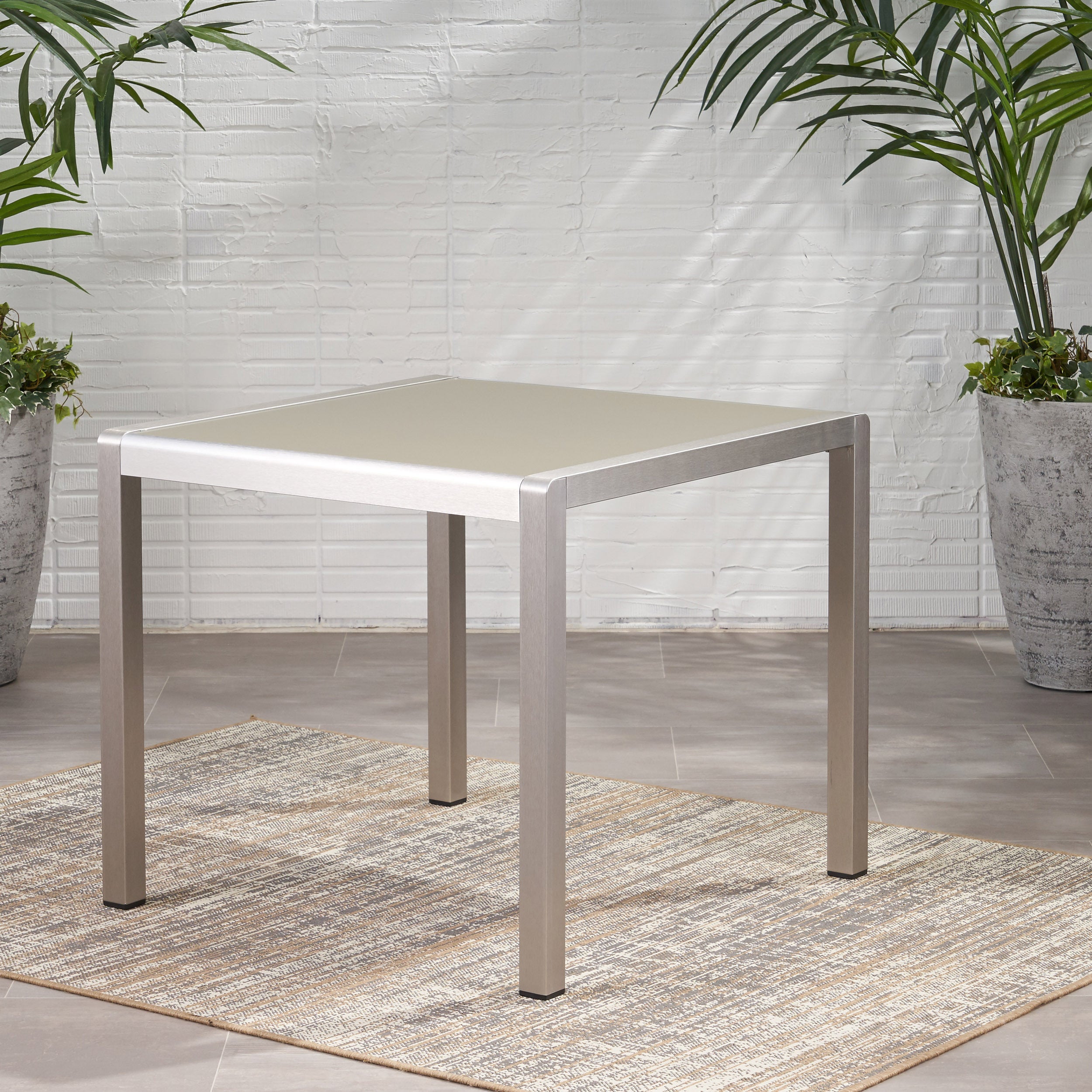 Outdoor Dining Table - Anodized Aluminum - Tempered Glass Table Top - Square - Silver and Gray - 35""