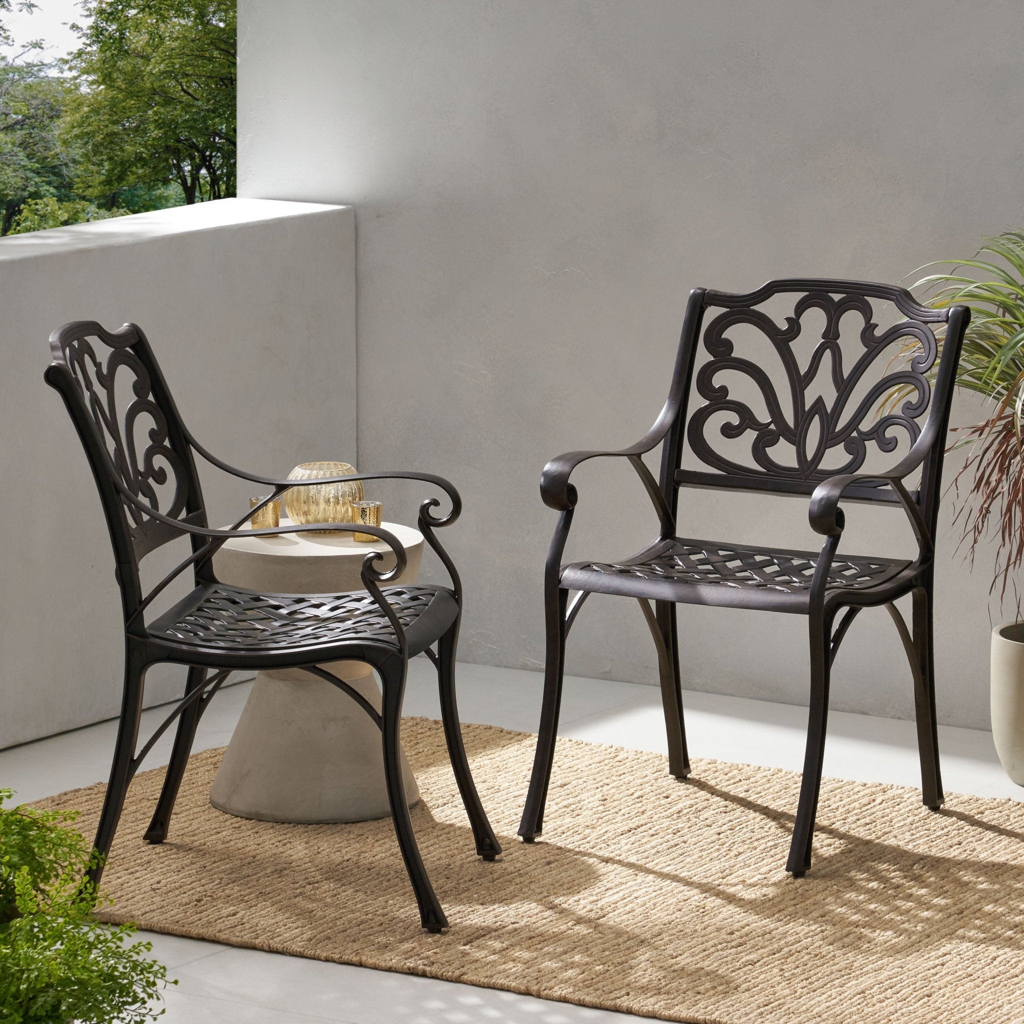 Cast Aluminum Outdoor Dining Chairs Set of 2 Perfect for Patio in Bronze