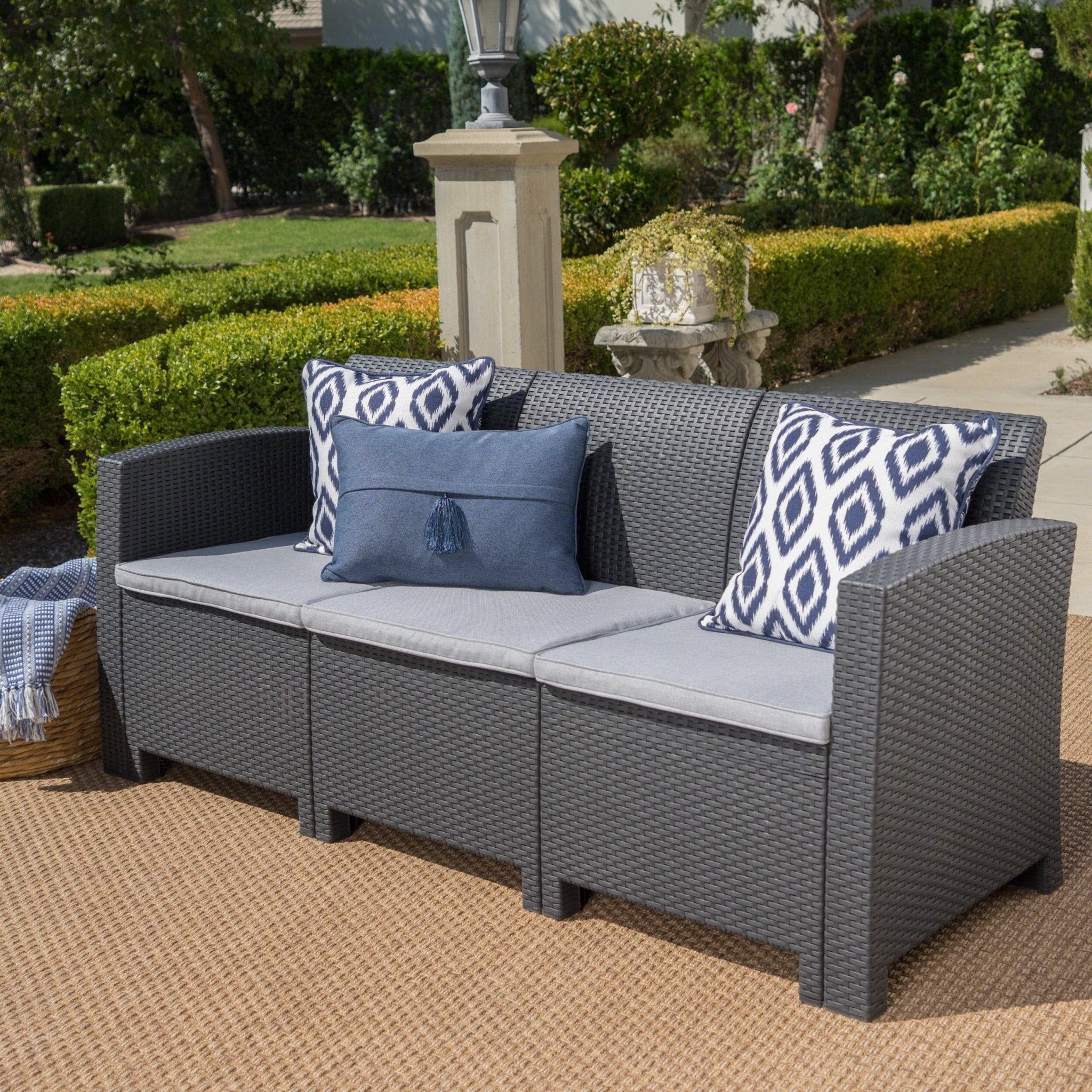 67.7"" Outdoor 3-Seater Faux Wicker Rattan Style Sofa with Water Resistant Cushions, Charcoal / Light Grey