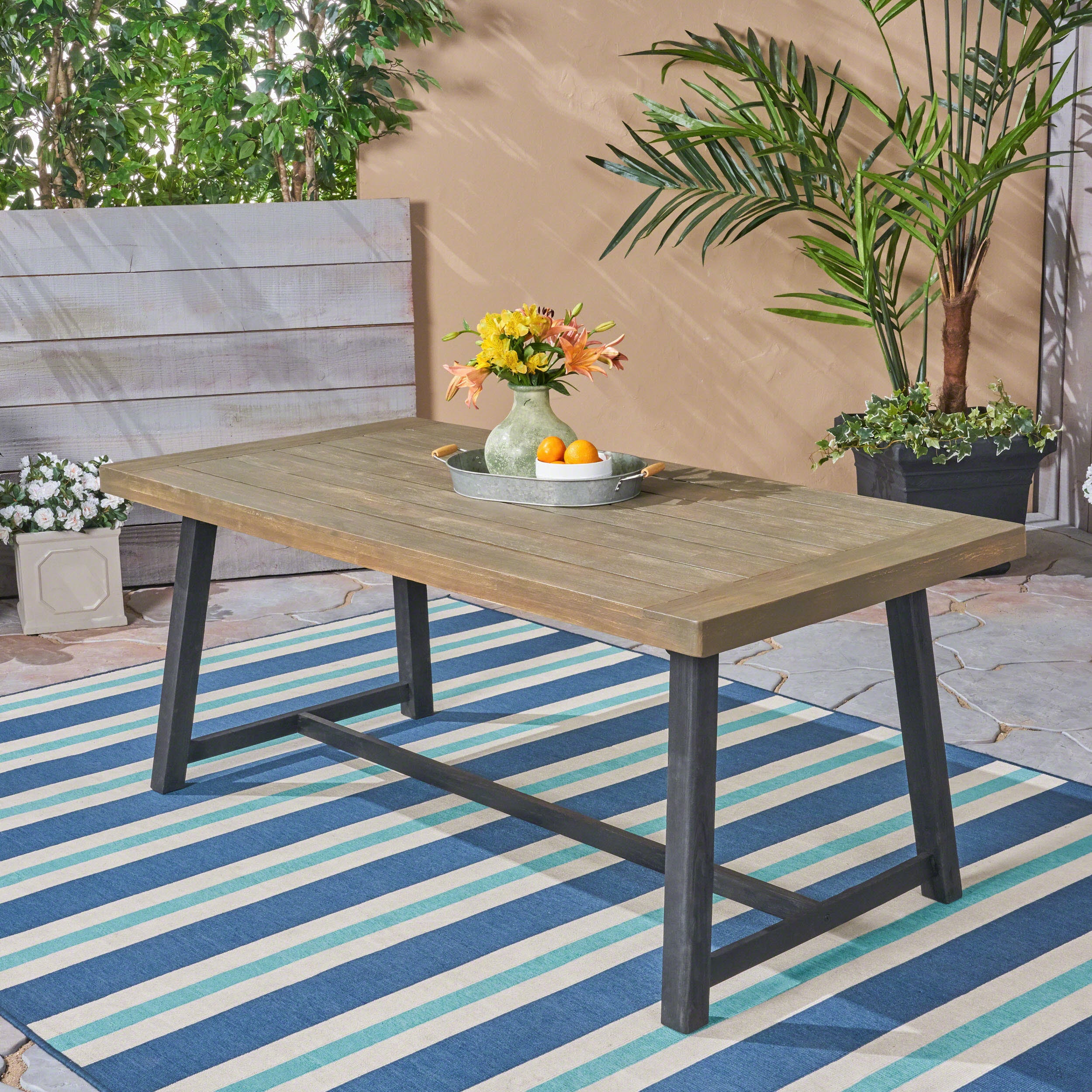 Outdoor Acacia Wood Dining Table, Sandblast Gray Finish and Black