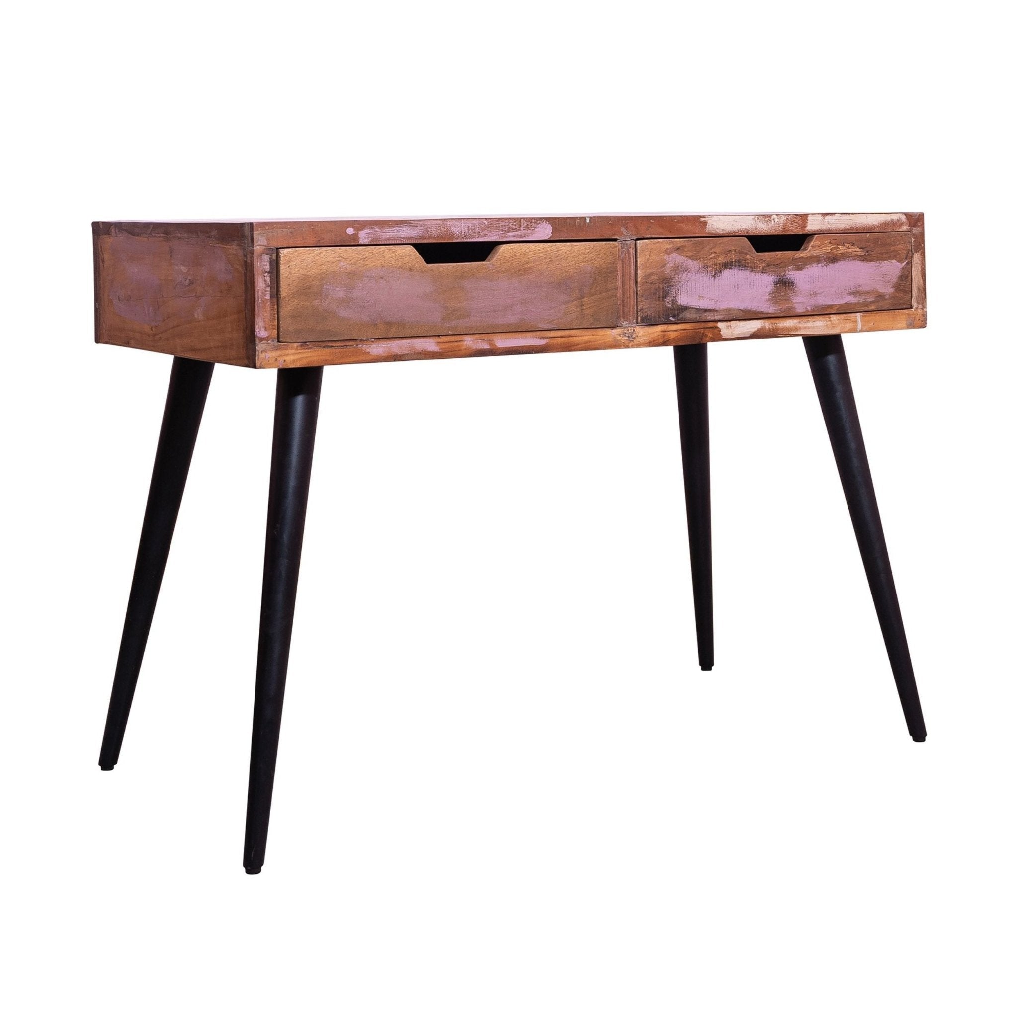 43 Inch 2 Drawer Reclaimed Wood Console Table, Angled Legs, Multi Tone Pastel Accent, Brown, Black