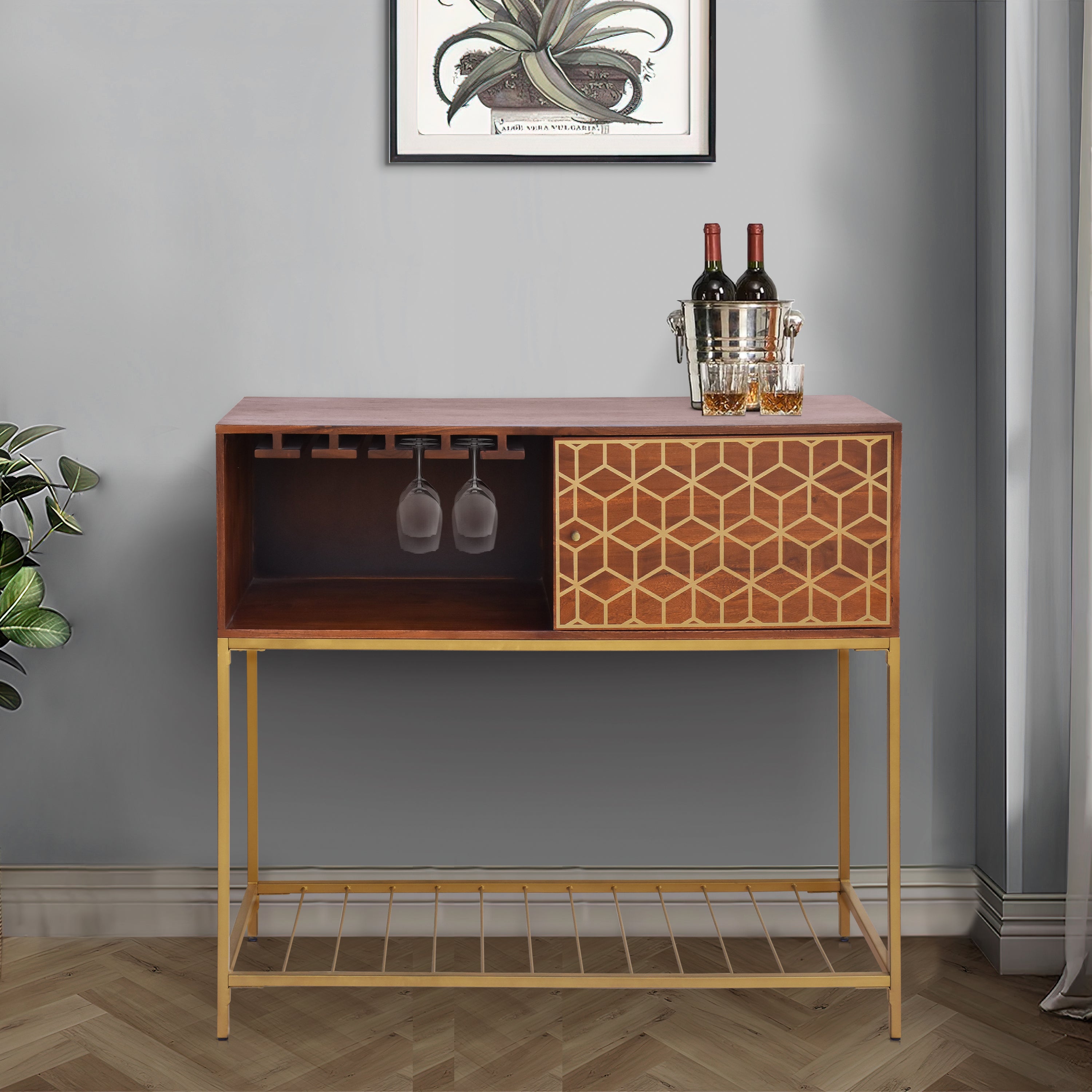 Kalyn 48 Inch Acacia Wood Bar Cabinet, 1 Door, Metal Frame, Geometric Screen Printed Design, Brown, Brass