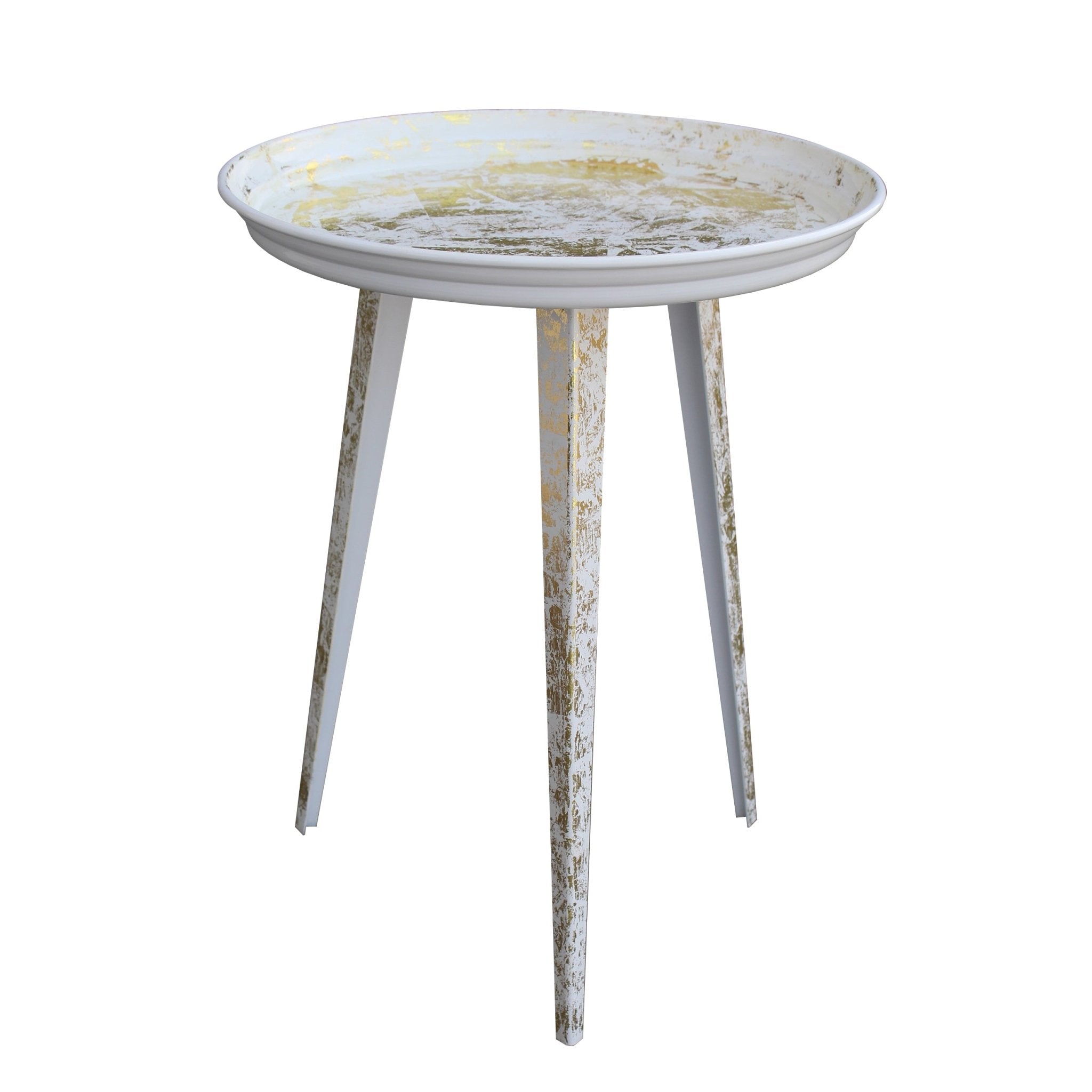 20 Inch Artisanal Industrial Round Tray Top Iron Side End Table, Tripod Base, Distressed White, Gold