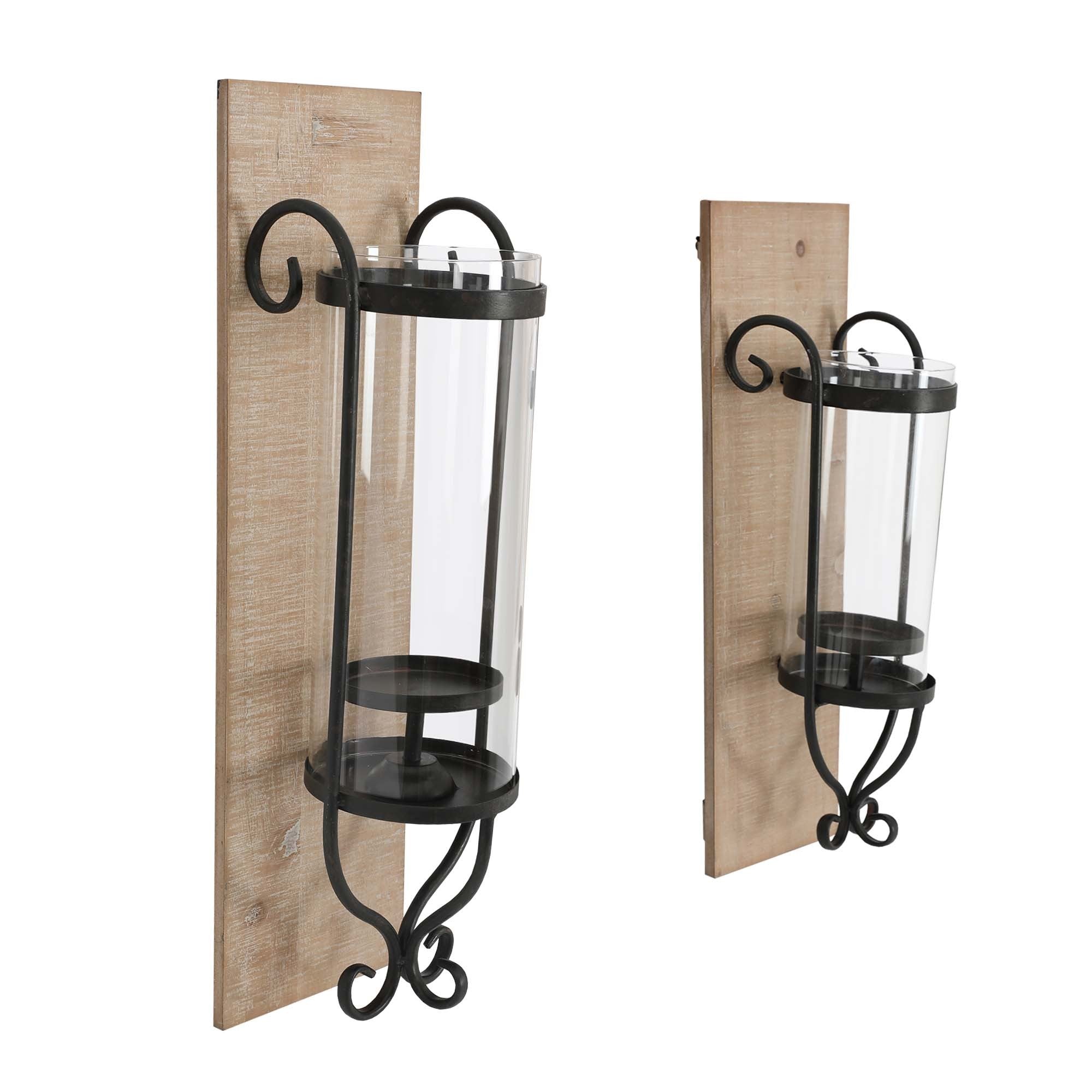 21 Inch Industrial Wall Mount Wood Candle Holder With Glass Hurrican, Set of 2, Black