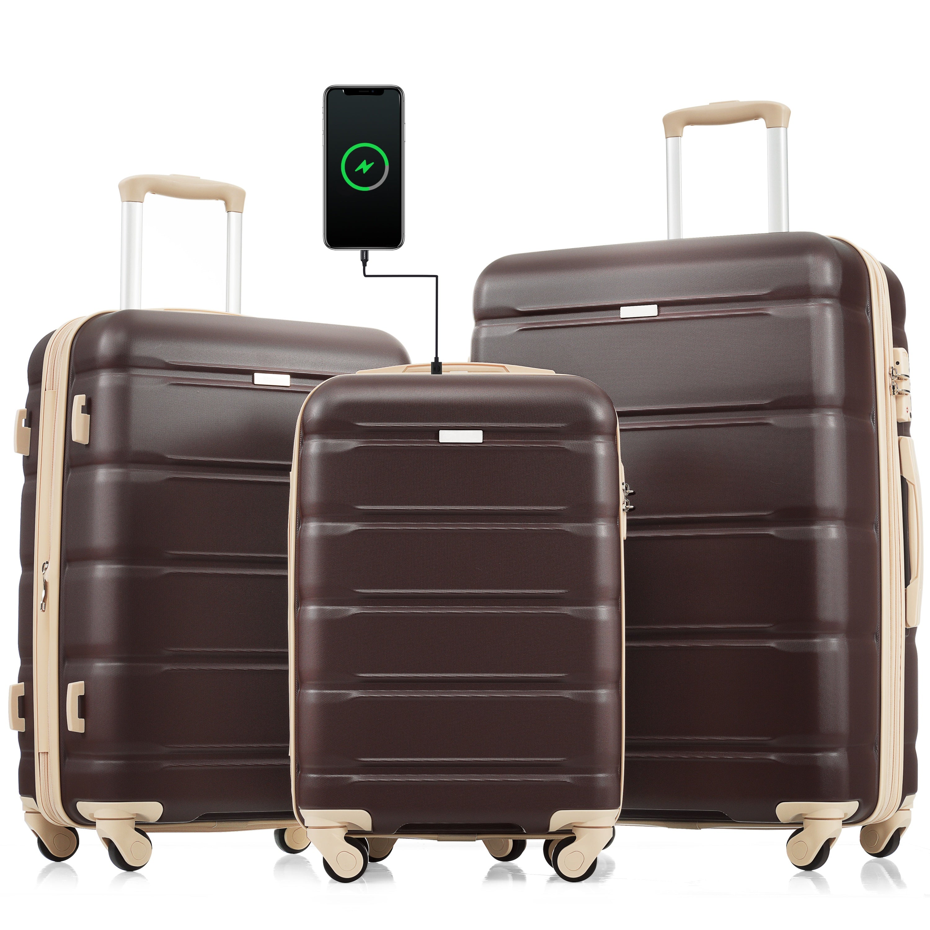 Luggage Set of 3, 20-inch with USB Port, Airline Certified Carry-on Luggage with Cup Holder, ABS Hard Shell Luggage with Spinner Wheels, brown,