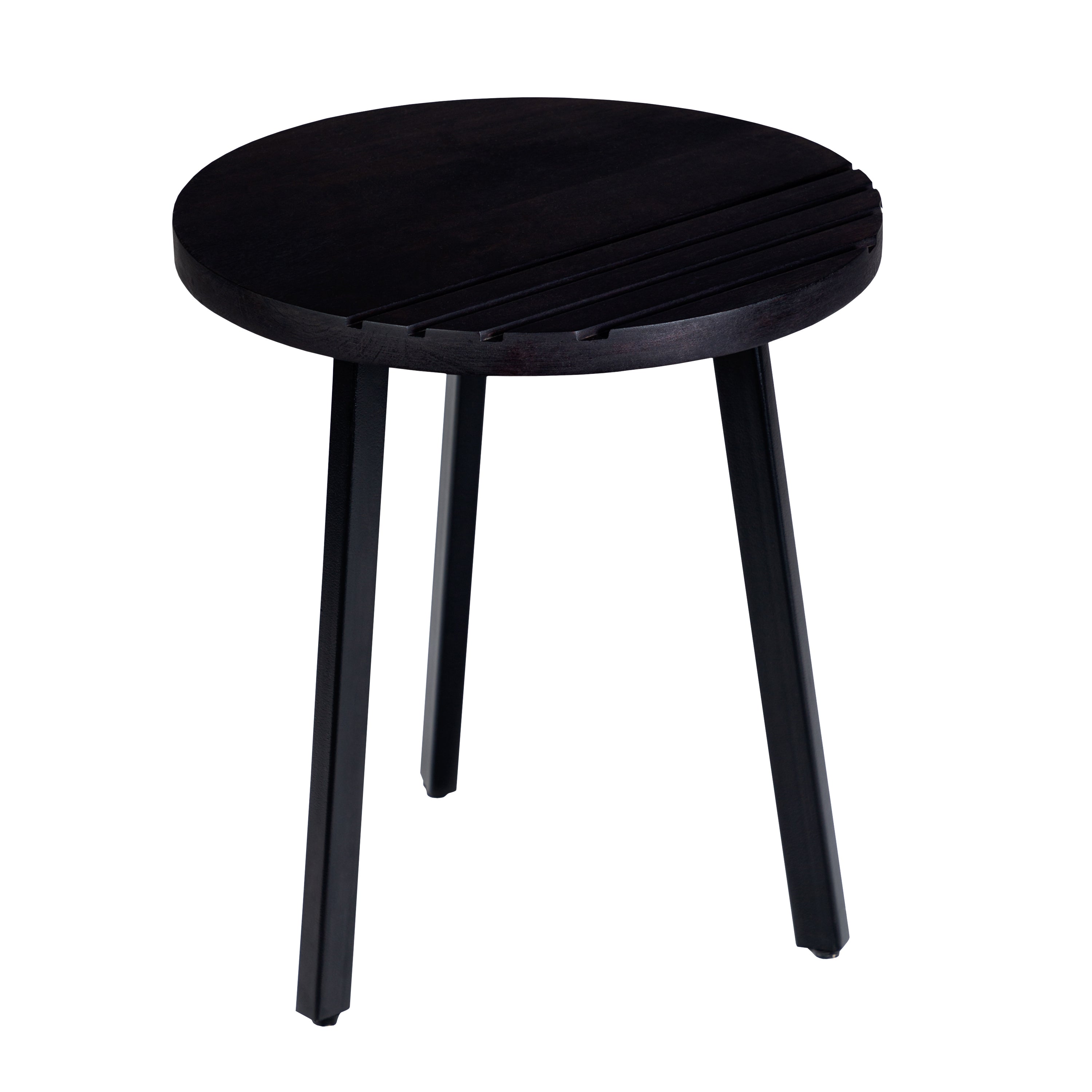 18 Inch Round Mango Wood Side End Table, Grooved Design, Metal Legs, Black