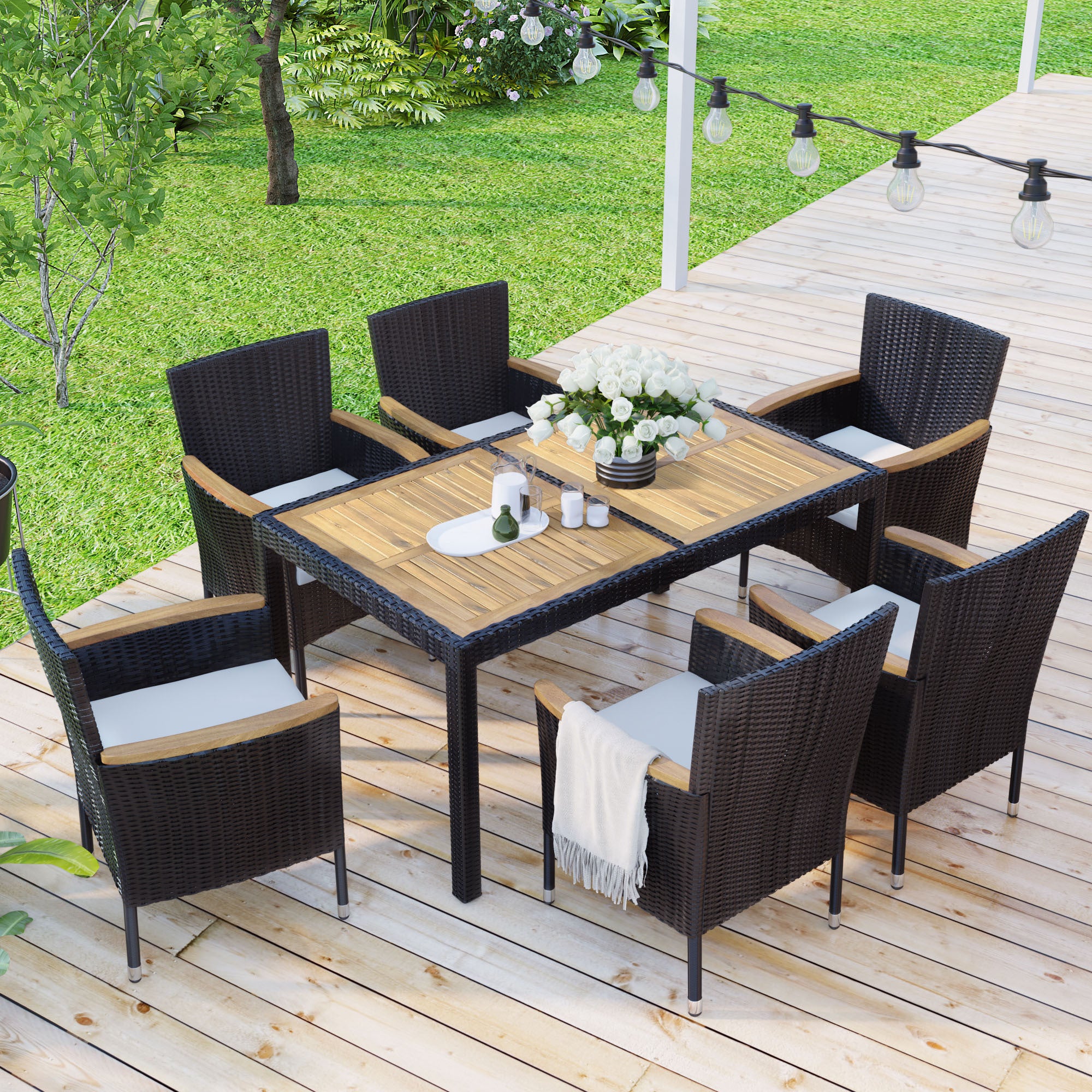 7-Piece Outdoor Patio Dining Set, Garden PE Rattan Wicker Dining Table and Chairs Set,  Brown