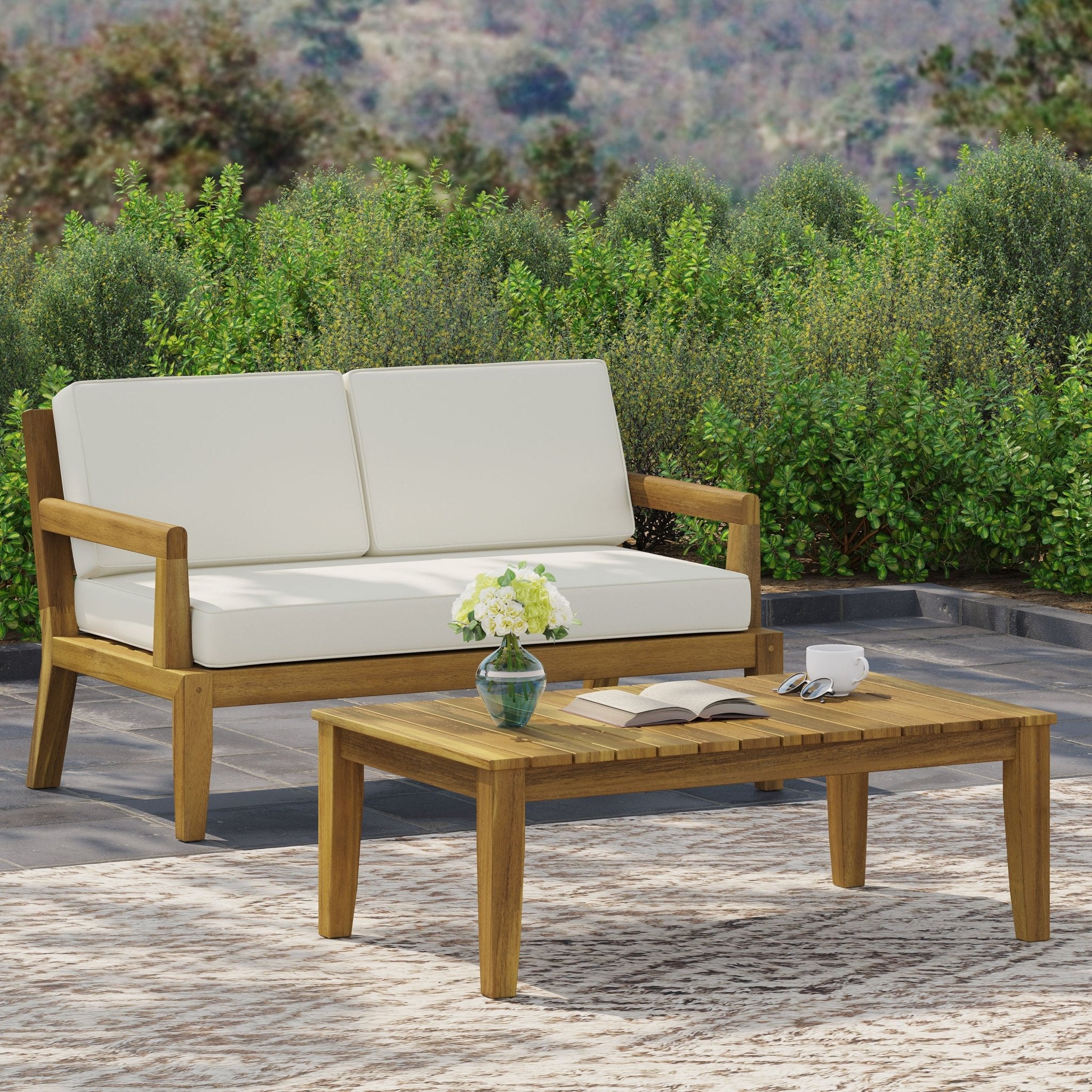 Camak Outdoor Acacia Wood Loveseat and Coffee Table Set, Teak, Beige