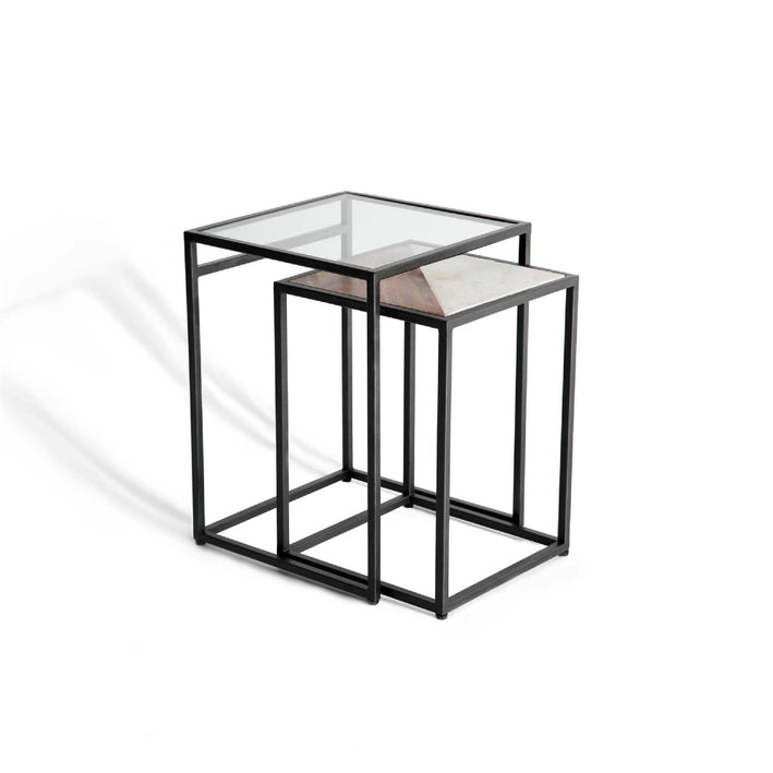 Nesting Table With Glass Top & Metal Legs, Small One Is Wooden & Metal Legs