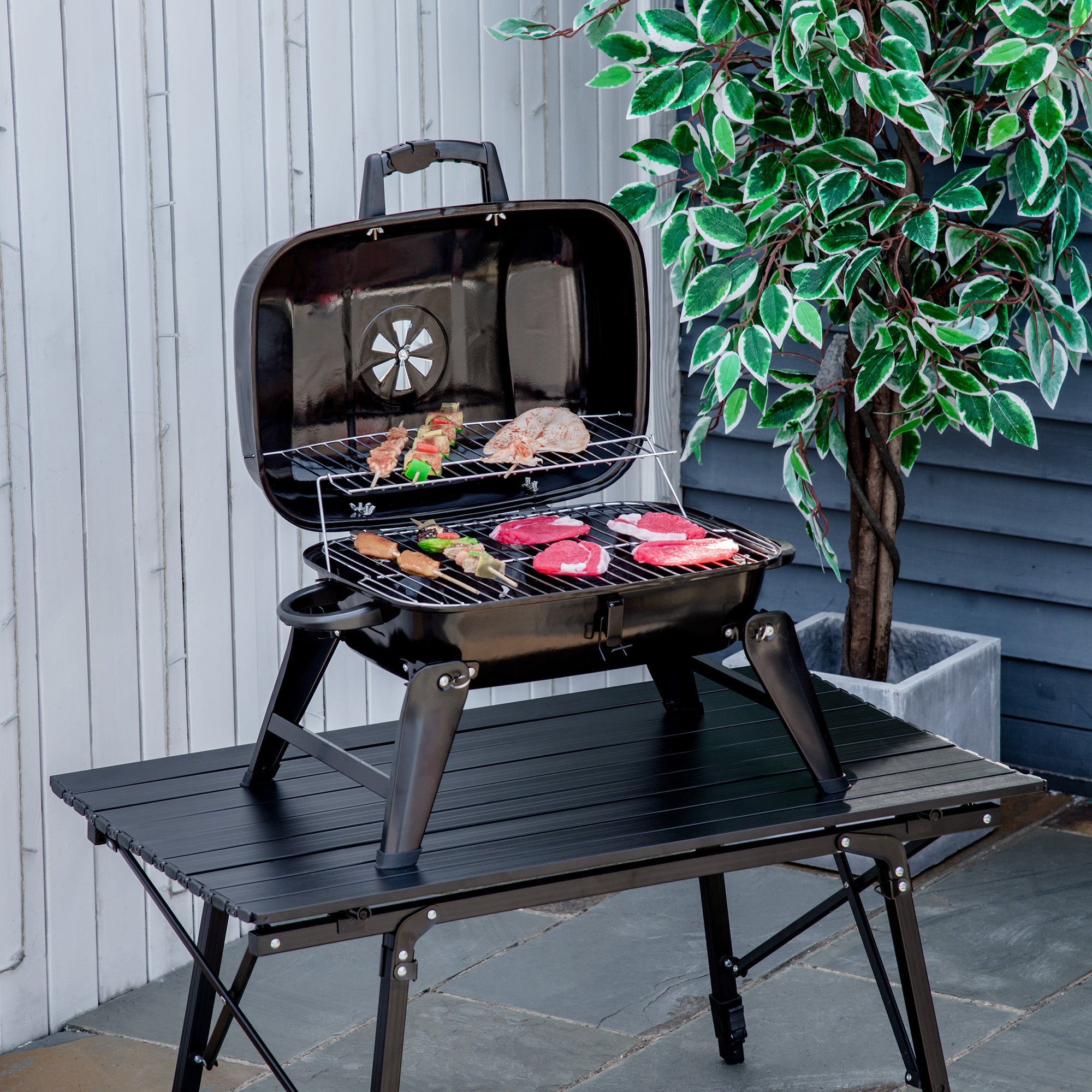 14 Portable Charcoal Grill, Tabletop Small BBQ Grill for Outdoor Cooking, Enamel Coated, Vent, Folding Legs, Black