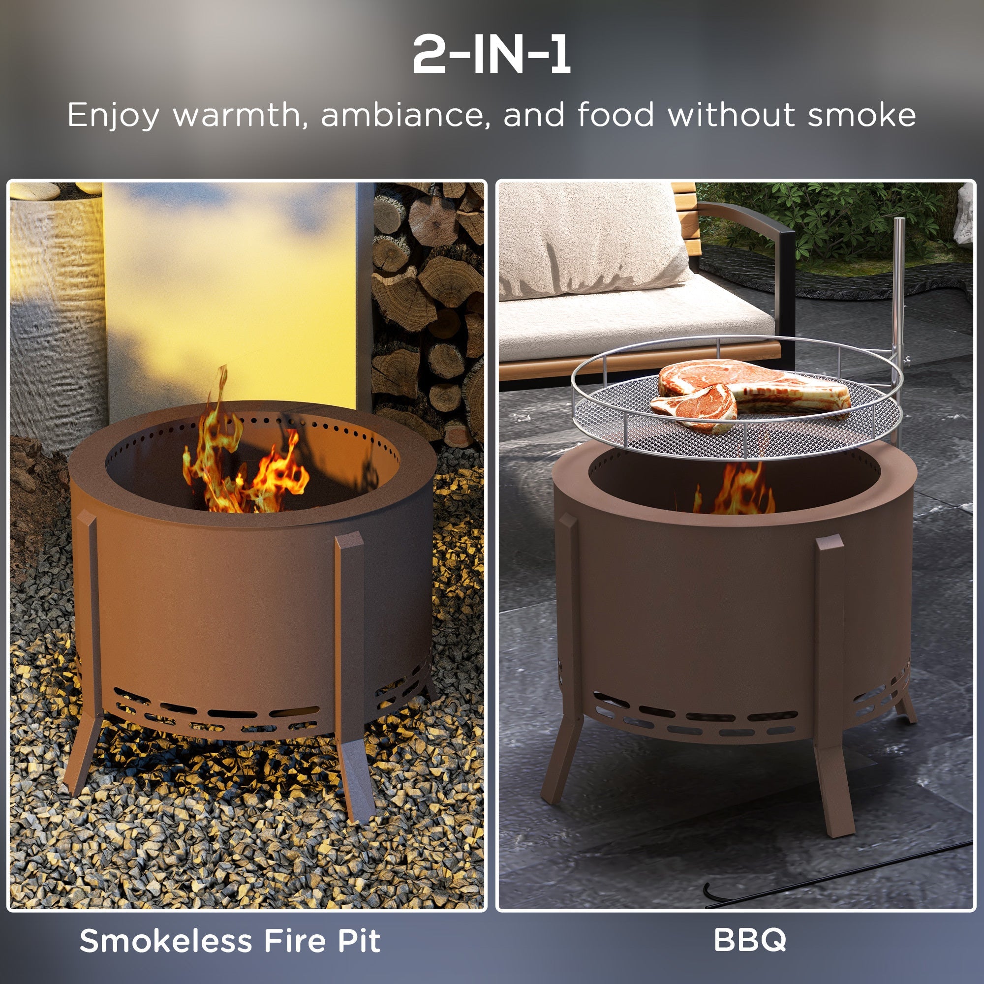 2-in-1 Smokeless Fire Pit, BBQ Grill, 19 Portable Wood Burning Firepit with Cooking Grate and Poker,