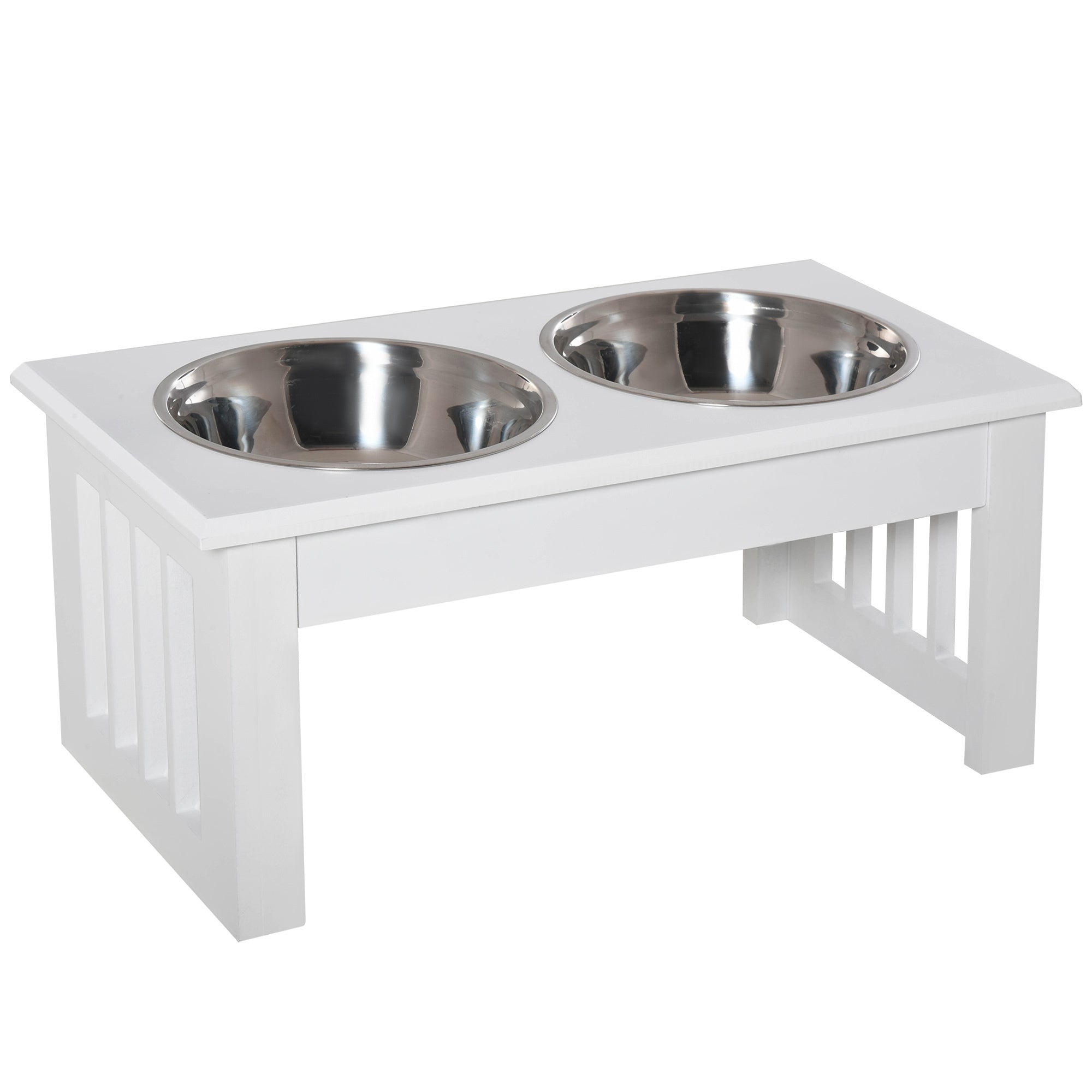 PawHut 6"" Height Small Puppy Dog Feeding Station for Messy Pets, Stainless Steel Elevated Dog Bowls with Modern Wooden Frame, Dog Food Stand Pet Feeding Station, White