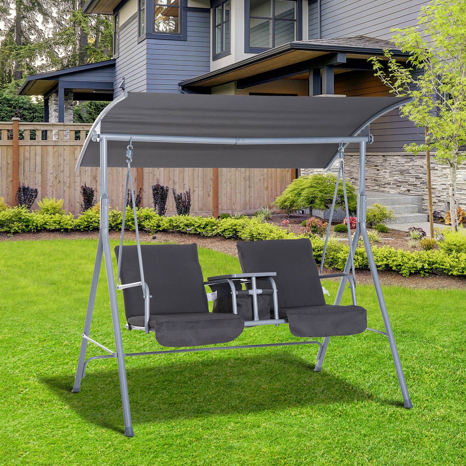 2 Person Porch Swing with Stand, Outdoor Swing with Canopy, Pivot Storage Table, 2 Cup Holders, Cushions for Patio, Backyard, Gray