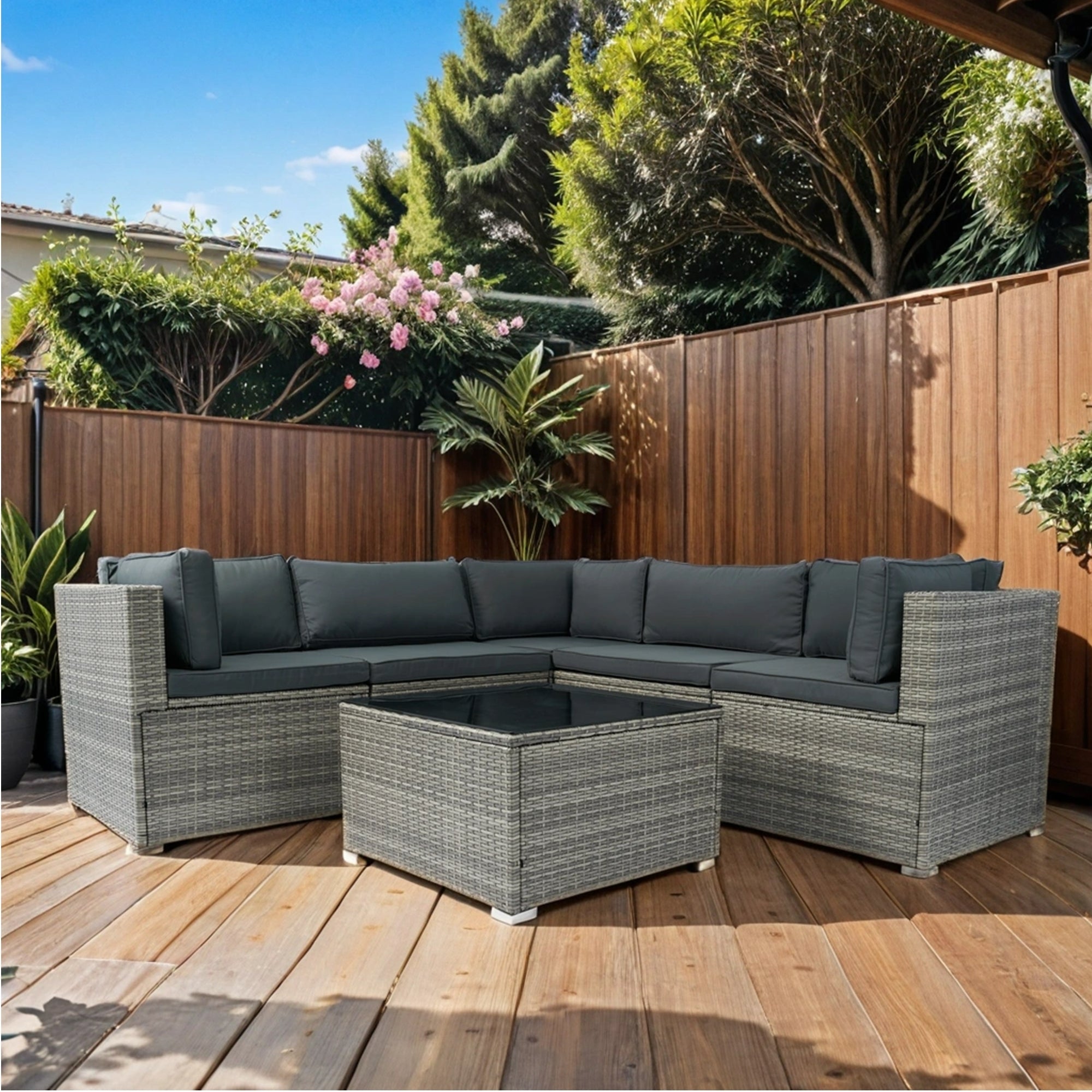 6 Pieces PE Rattan sectional Outdoor Furniture Cushioned  Sofa set Grey Wicker, Dark Grey Cushion