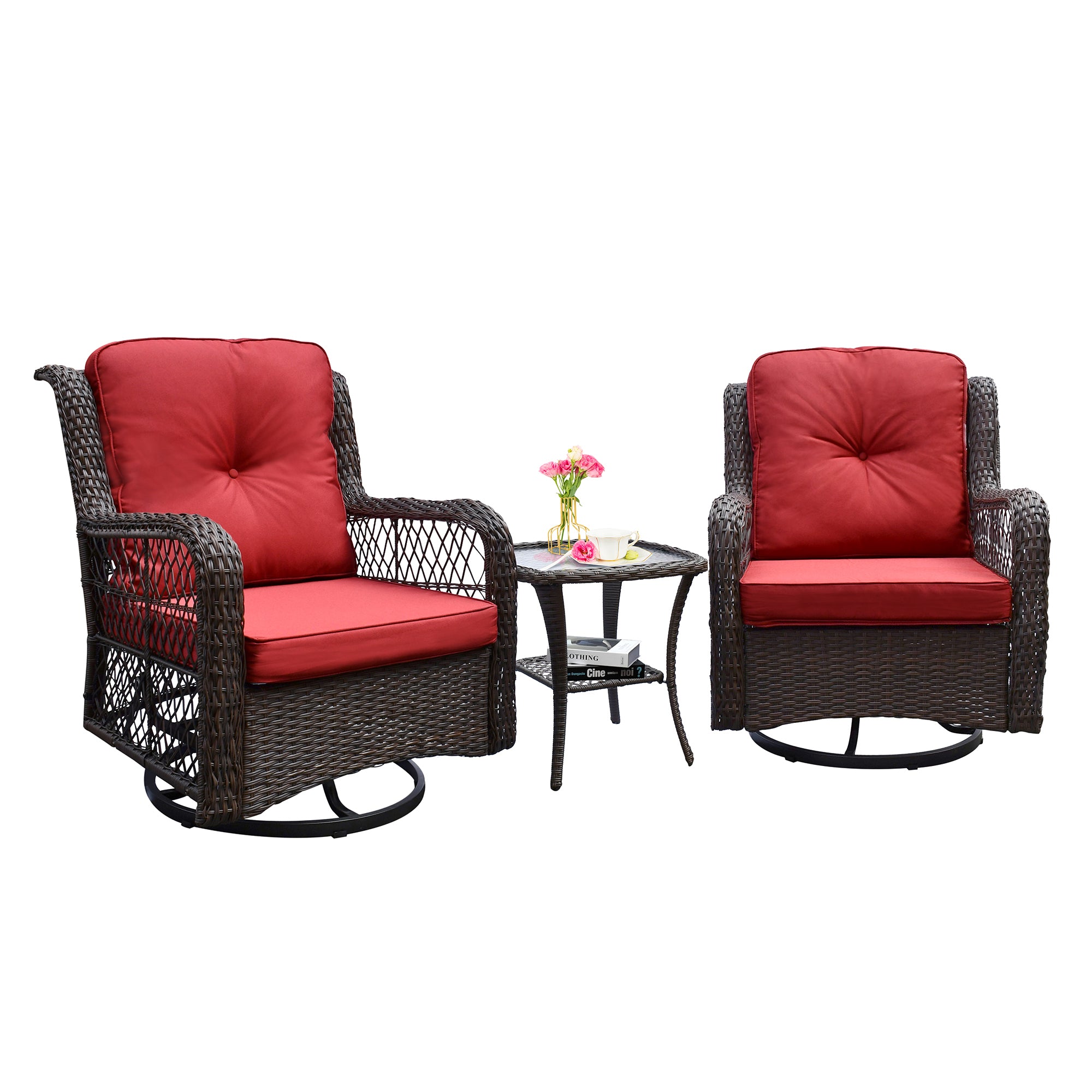 Outdoor Bistro Set 3 Pieces, Outdoor Resin Wicker Swivel Rocker Patio Chair, 360-Degree Swivel Rocking Chairs and Tempered Glass Coffee Table(Red)