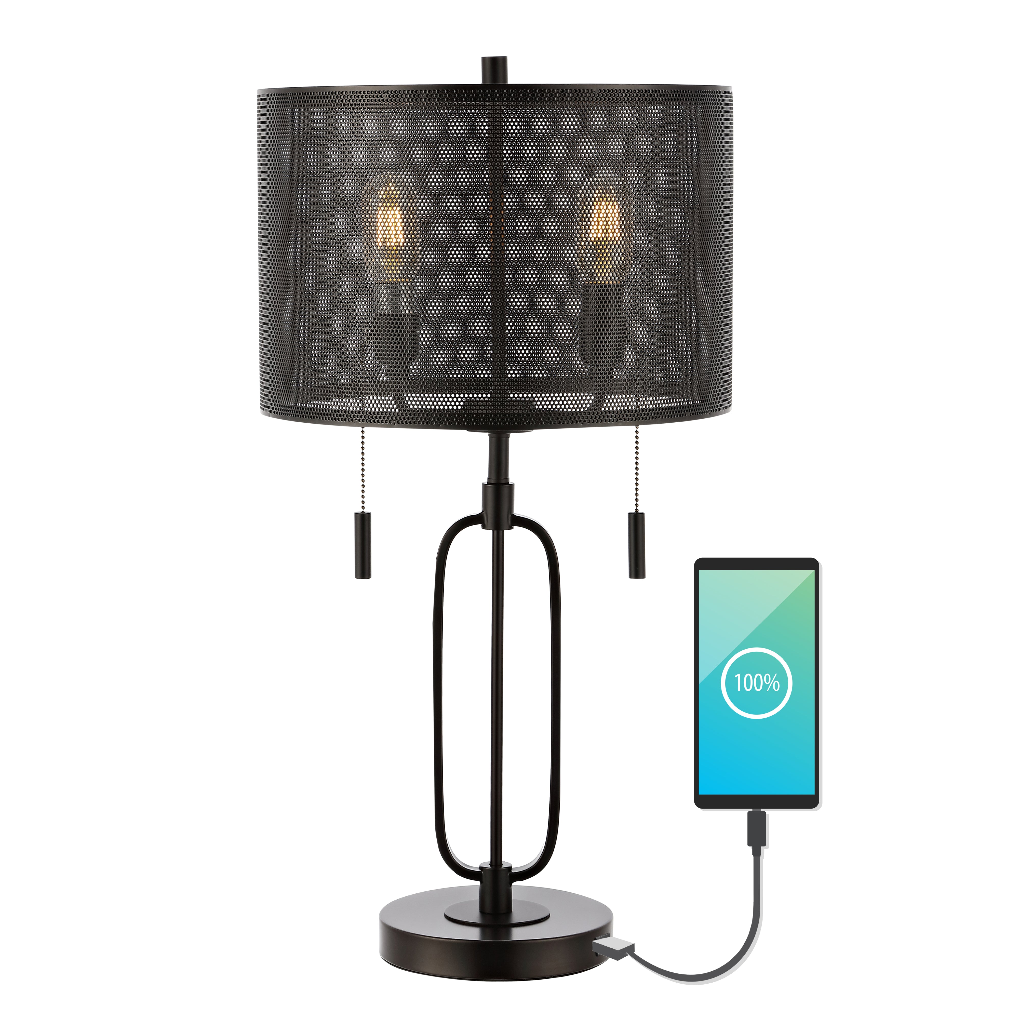 Hank 2-Light Industrial Farmhouse Iron LED Table Lamp with USB Charging Port