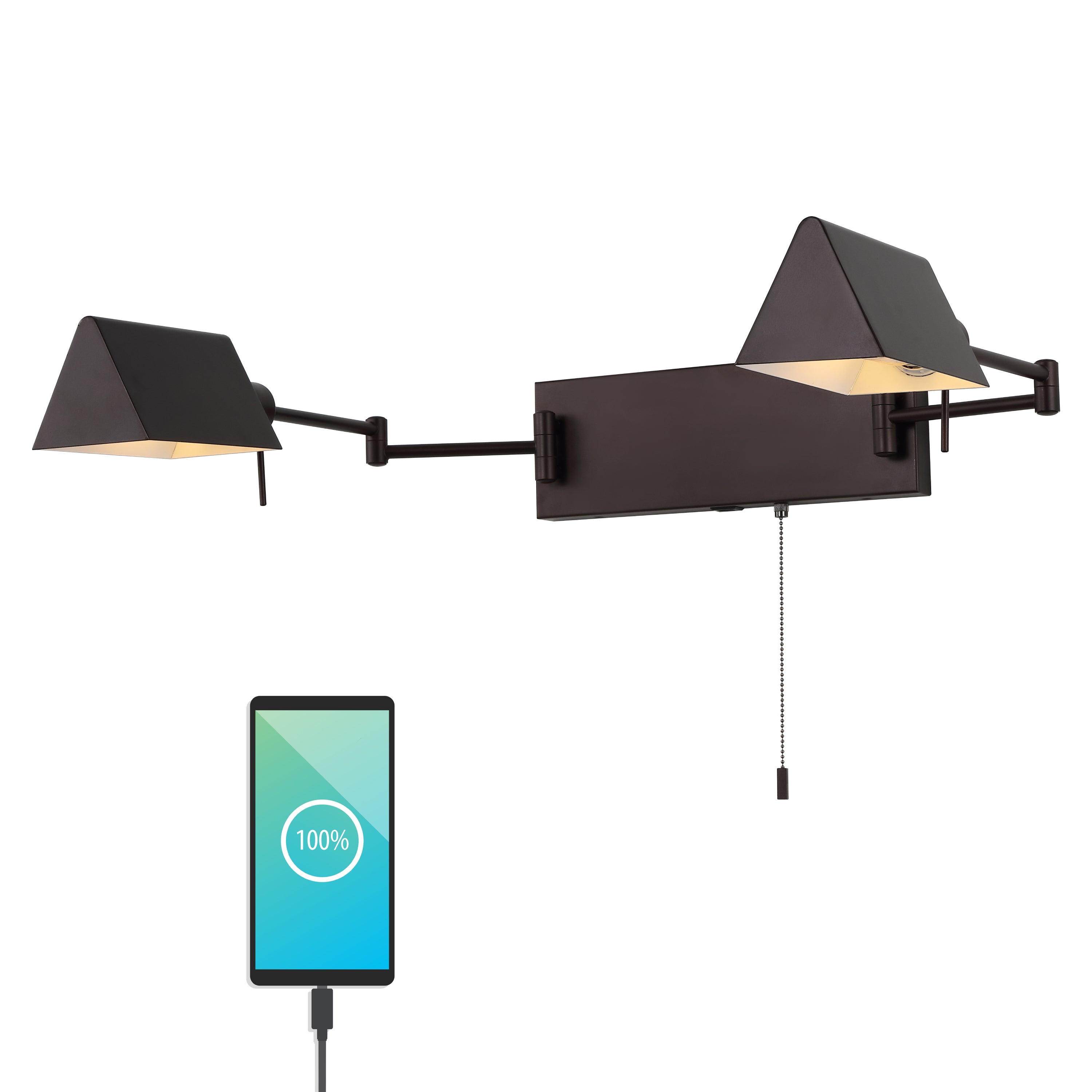 Arlo 2-Light Farmhouse Industrial Double Swing Arm Iron LED Wall Sconce with Pull-Chain USB Charging Port