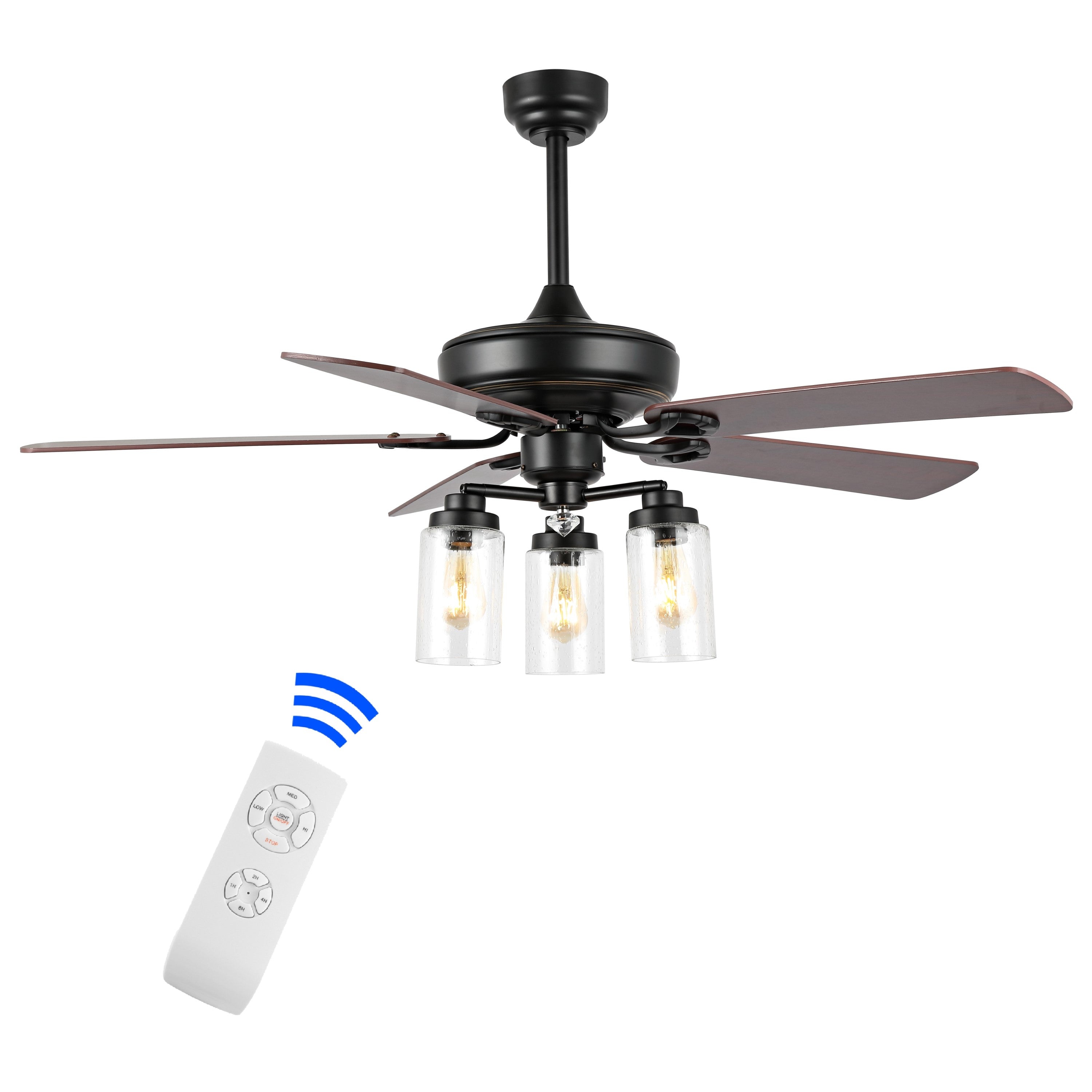 Lucas 3-Light Rustic Industrial Iron/Wood/Seeded Glass Mobile-App/Remote-Controlled LED Ceiling Fan